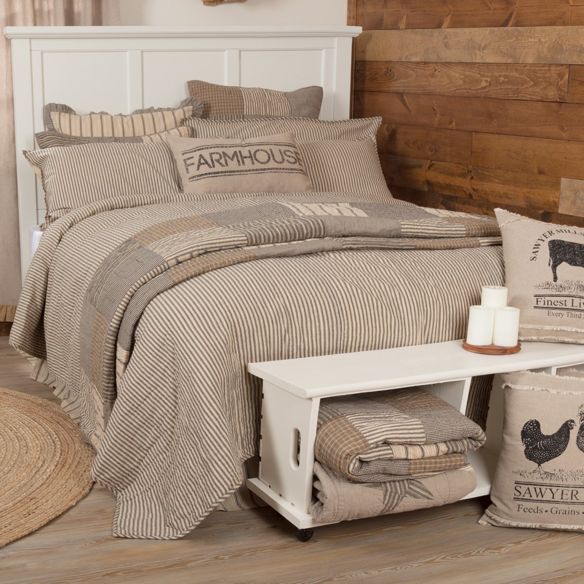 Sawyer Mill Ticking Stripe Quilt King Size 105x95 Inches - Charcoal Grey Cotton Bedspread for Cozy Bedroom Decor | Perfect for Master Bedroom, Guest Room & Farmhouse Style Homes