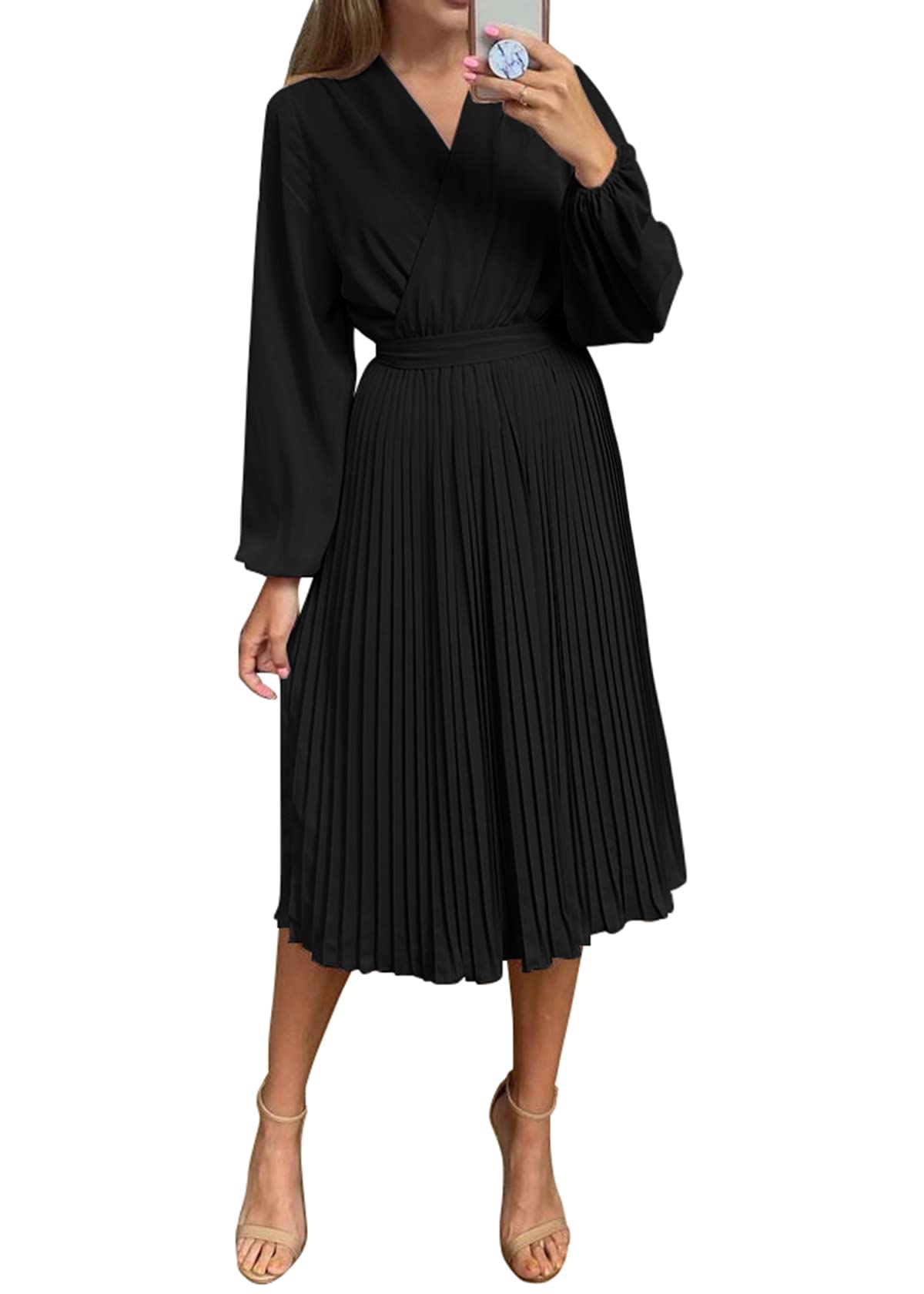 PRETTYGARDEN Women's Flowy Wrap Dress with Puff Sleeves - V-Neck Midi Dress with Ruffle & Pleated Details for Spring/Summer/Fall - Perfect for Casual Outings, Date Nights & Office Wear