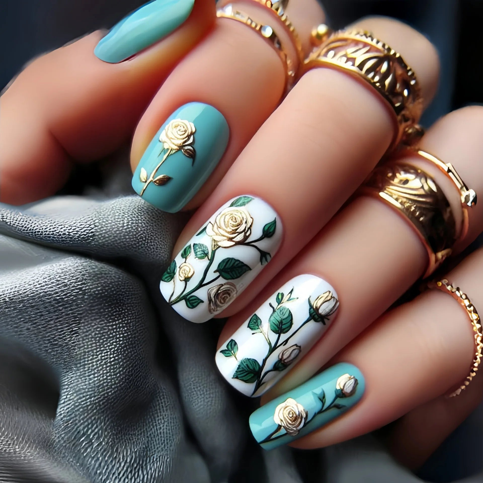 24Pcs Medium Length Press on False Nails - Ballet Blue Floral Design Fake Nails Set, Detachable Artificial Nails for Spring Summer Manicure | Perfect for Parties, Weddings, Date Nights & Special Occasions
