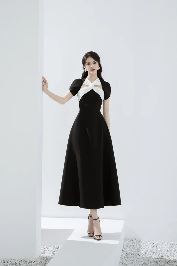 Andrea Black Cut Out Line Midi Dress - Elegant Party & Evening Wear for Women