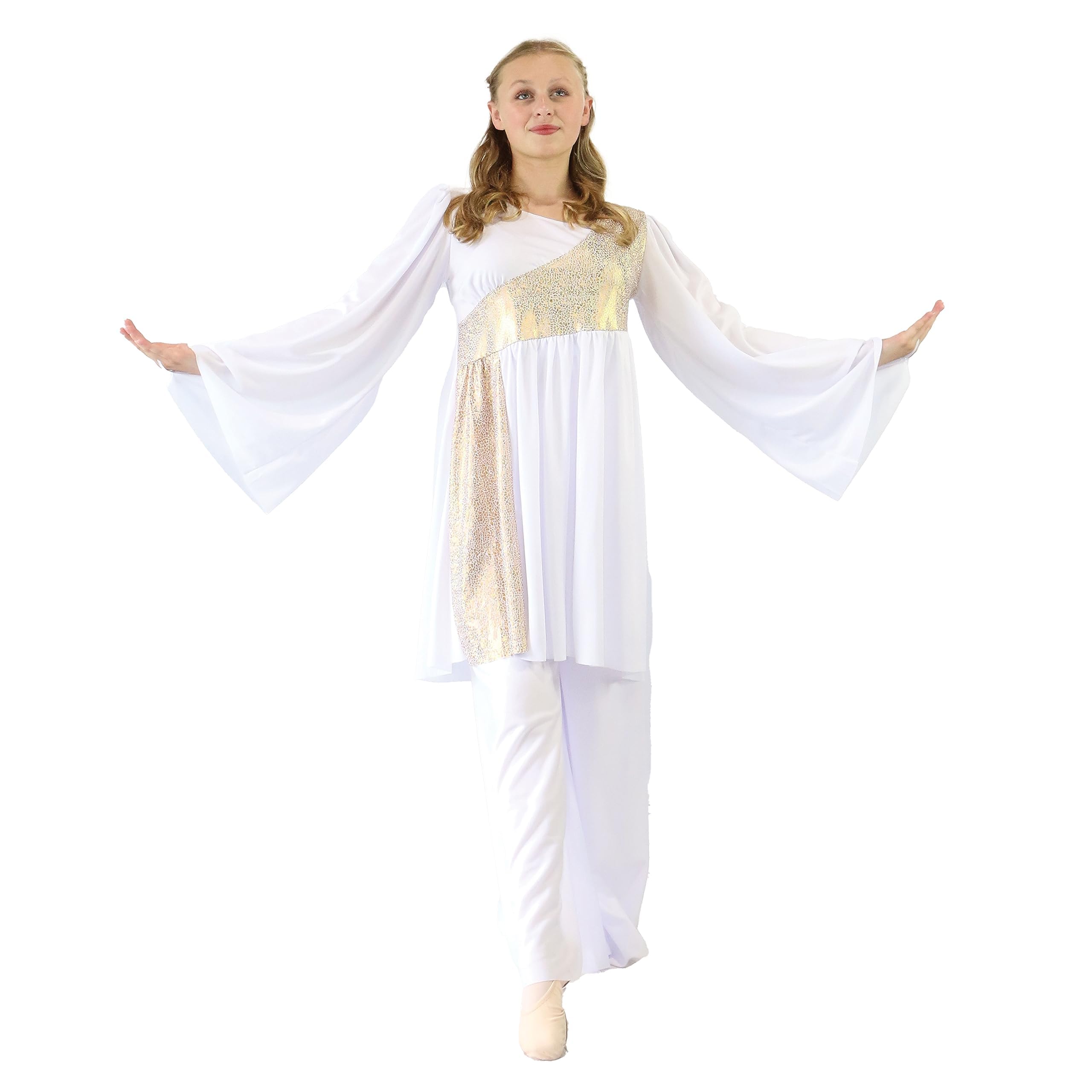Shimmery Asymmetrical Praise Dance Tunic for Women with Bell Sleeves | Worship Dance Costume | Church Performance Outfit | Perfect for Gospel Choir, Sunday Service & Christian Dance Ministry