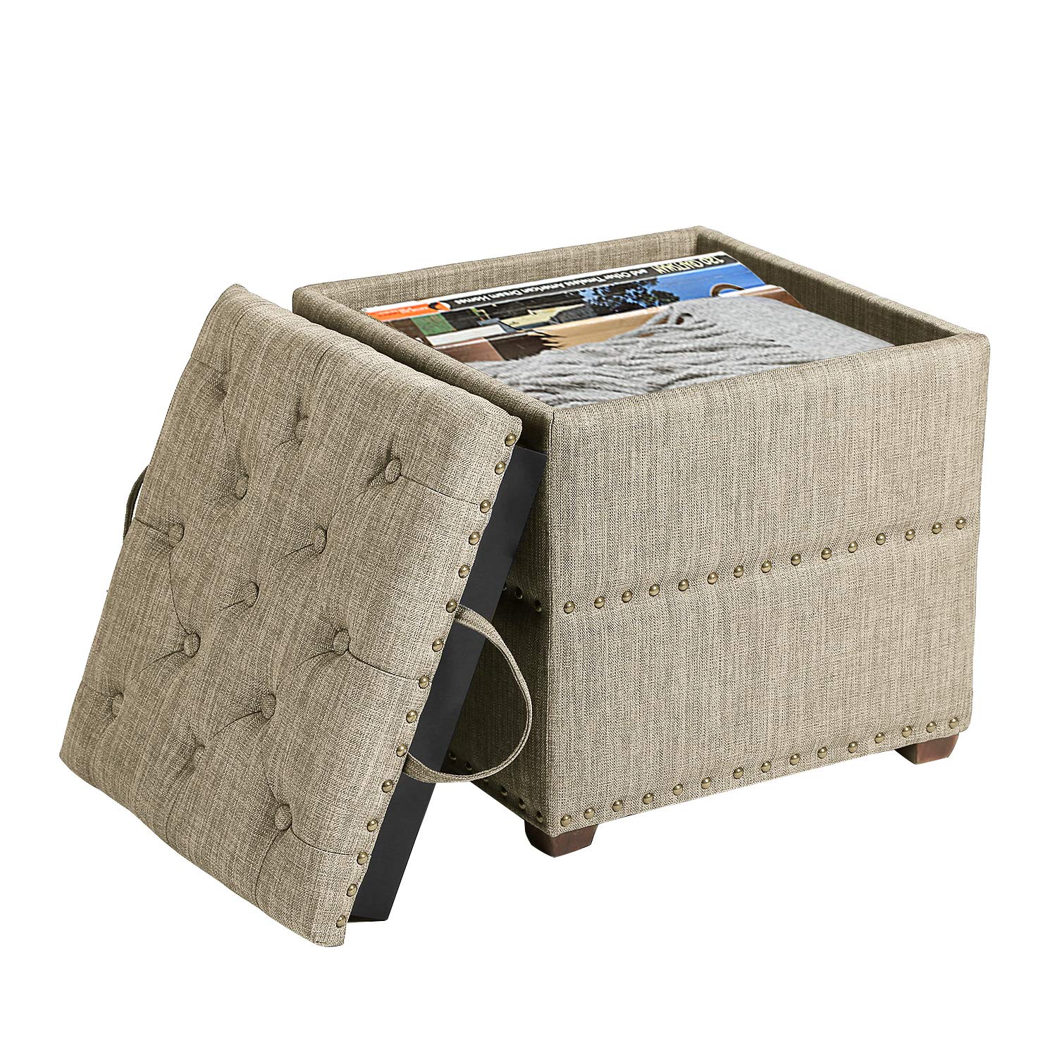 Square Storage Ottoman Bench with Removable Tray - Upholstered Foot Stool with Nailhead Trim in Beige - Perfect for Living Room, Bedroom & Entryway Organization