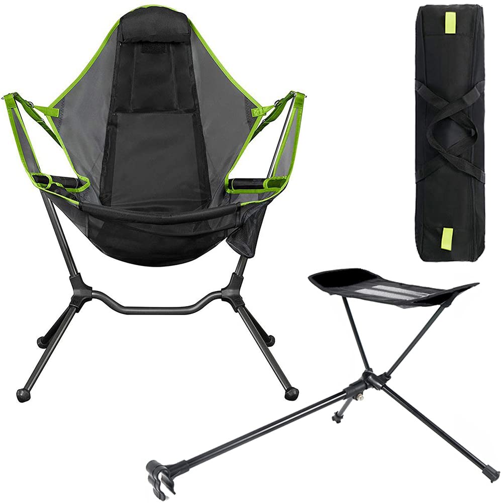 Ultralight Folding Reclining Camping Chair with Pillow & Footrest - Portable Rocking Moon Chair for Outdoor, Beach, Picnic, Travel, Fishing - Perfect for Relaxing in Backyard, Camping Trips and Beach Vacations (Green)