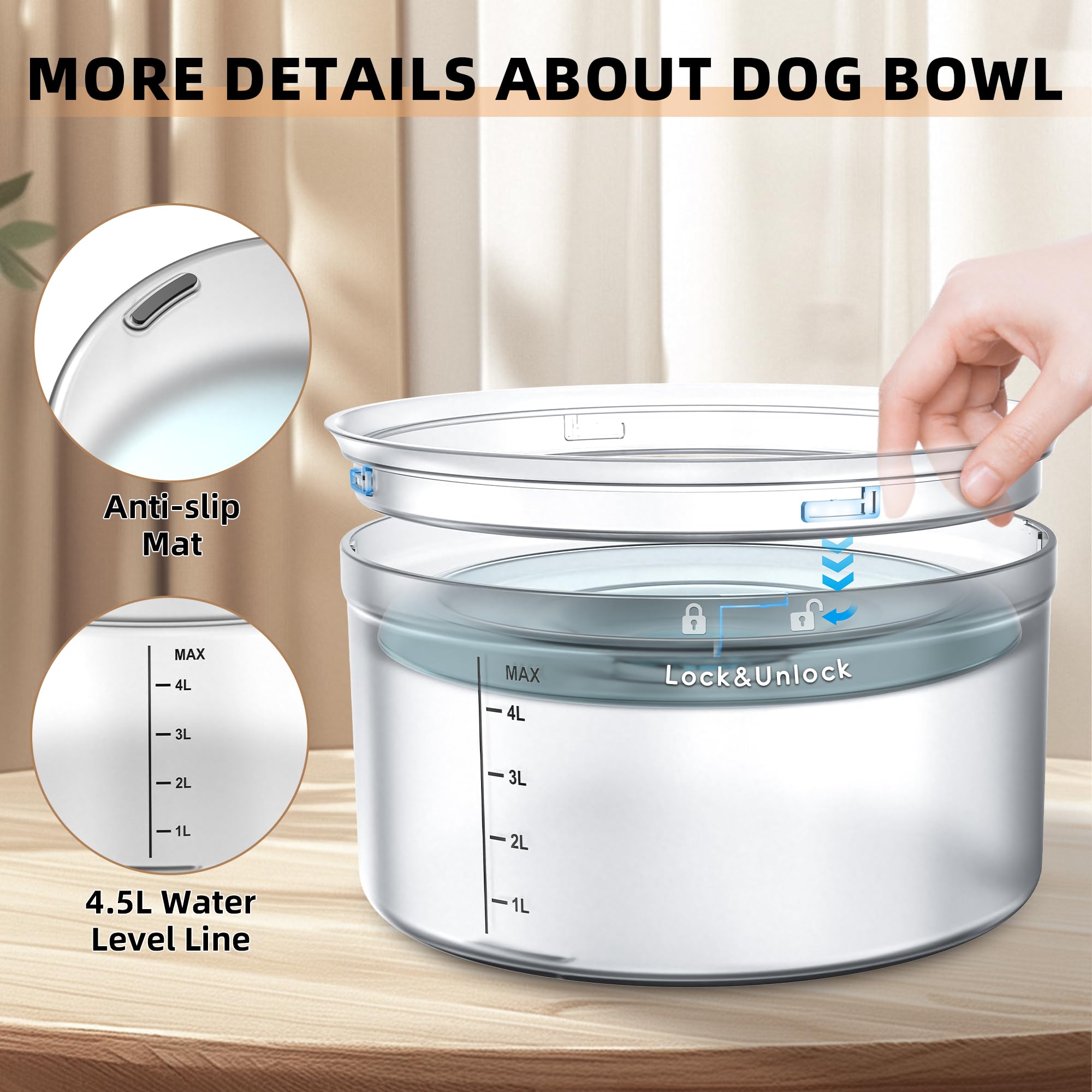 **Decflow 1.2 Gallon (4.5L) No Spill Dog Water Bowl with Floating Disk – Anti-Splash, Slow Drinking Design for Messy Drinkers – Large Capacity Pet Bowl for Home, Travel & Outdoor Use (Clear)**