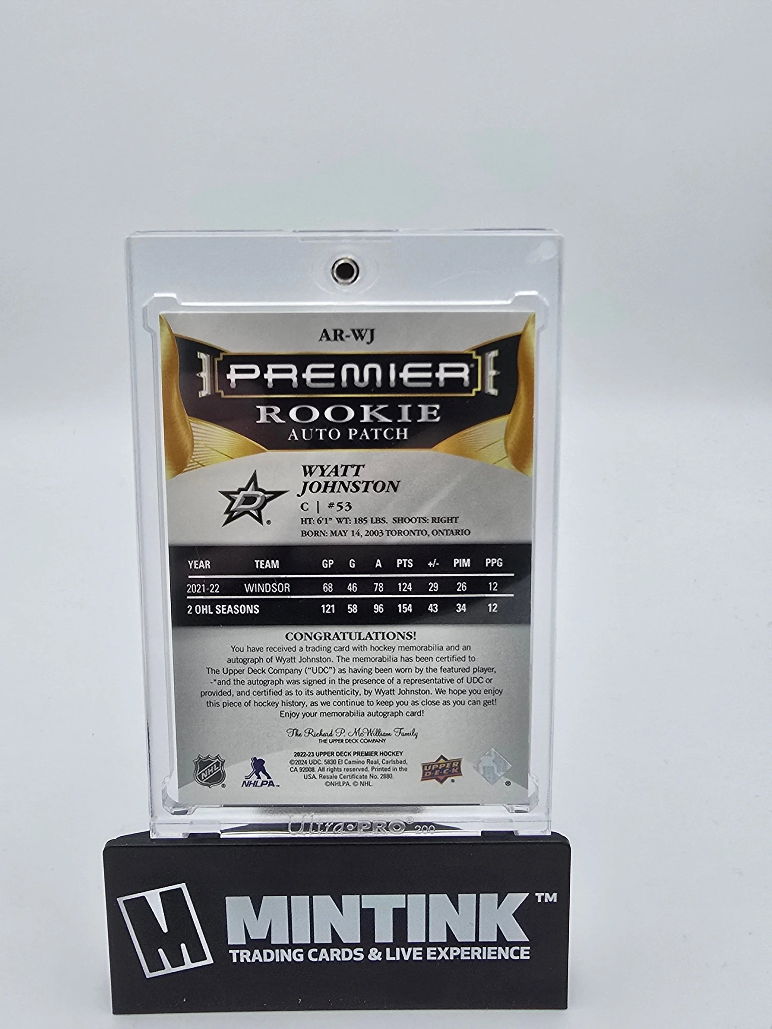 2022-23 Upper Deck Premier Hockey Wyatt Johnston Gold Foil Rookie Patch Auto /35 - Rare Collectible Hockey Card for NHL Fans & Sports Memorabilia Collectors - Perfect for Display, Trading, and Investment