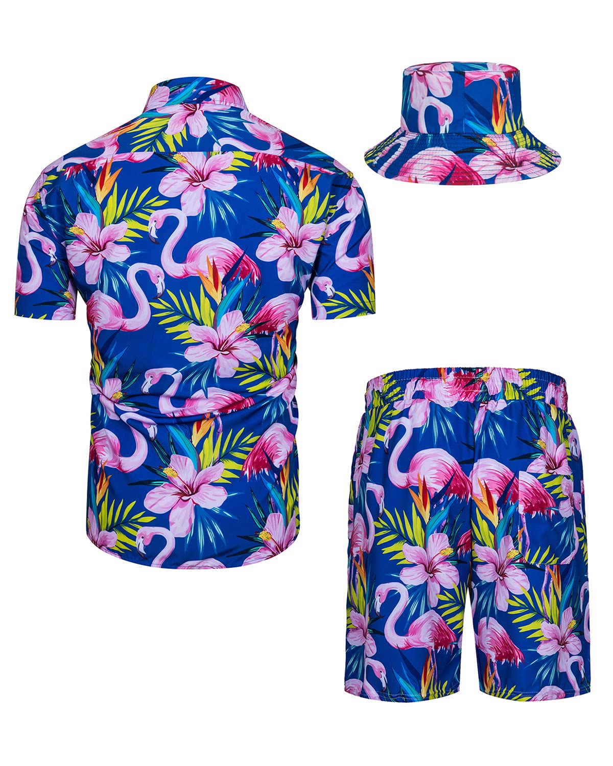 TUNEVUSE Men's Hawaiian Shirt and Shorts Set - 2 Piece Tropical Beach Outfit with Floral Print & Bucket Hat | Summer Vacation, Luau Party, Poolside Relaxation Outfit for Men