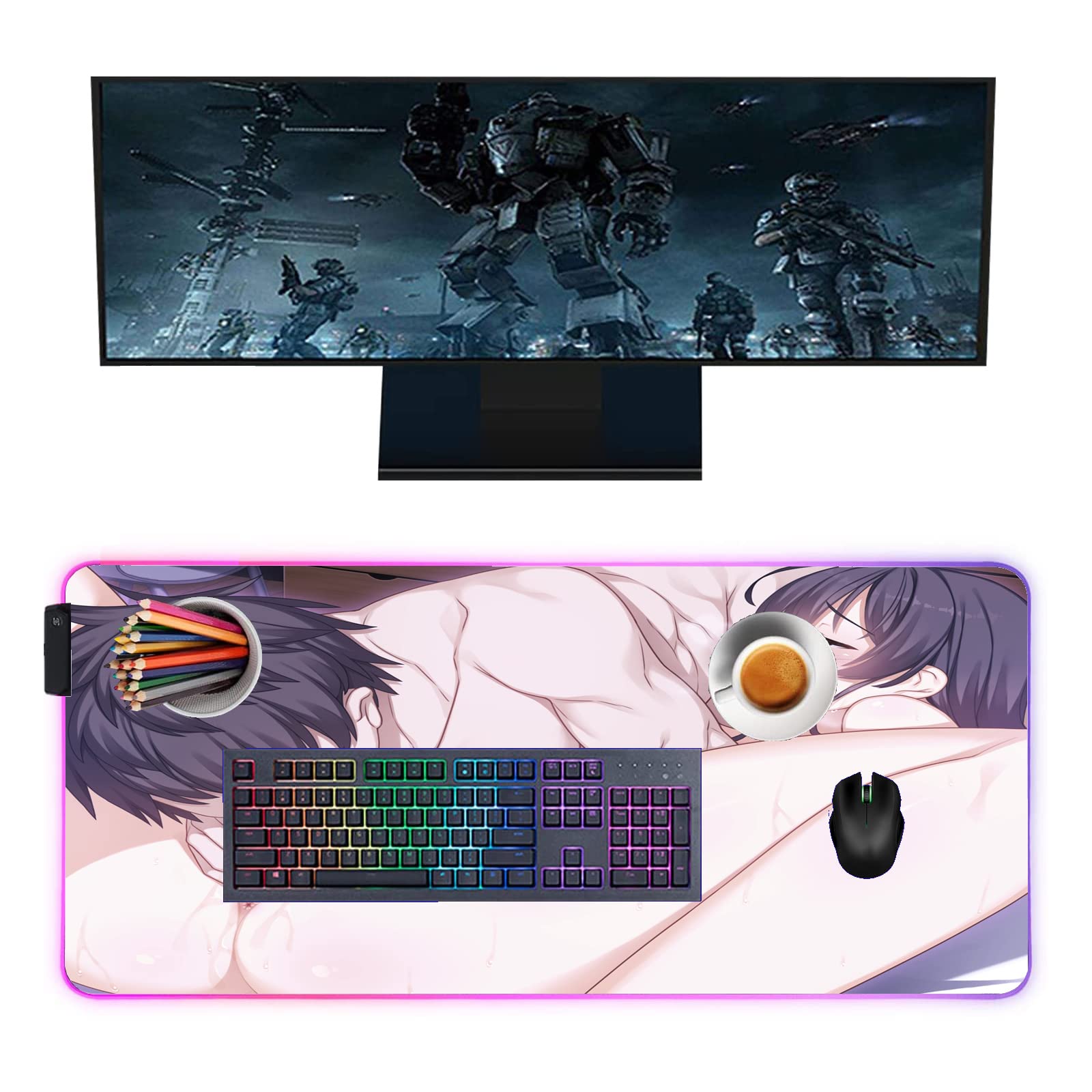 Sexy Anime Girl RGB Gaming Mouse Pad - 35.43x15.74 Inch Large LED Glowing Extended Keyboard Desk Mat with Luminous Colorful Design | Perfect for PC Gaming Setup, Office Work & Streaming Station