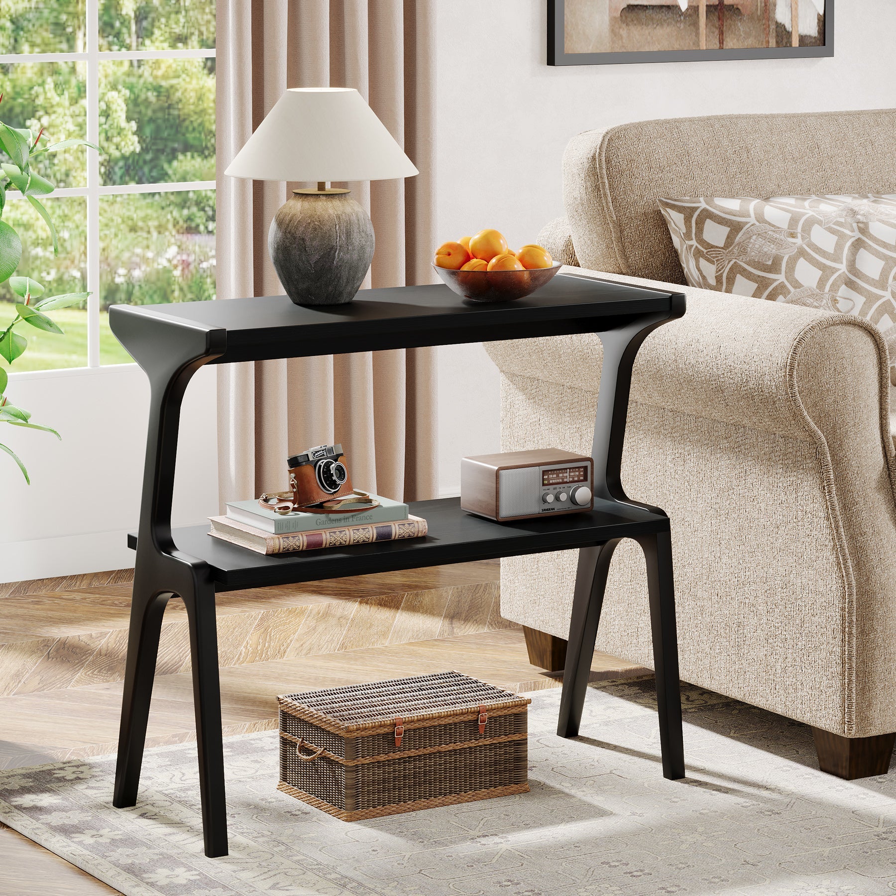 Solid Wood End Table with Storage Shelf - 2 Tier Sofa Side Table for Living Room, Bedroom & Office - Rustic Home Decor & Functional Furniture
