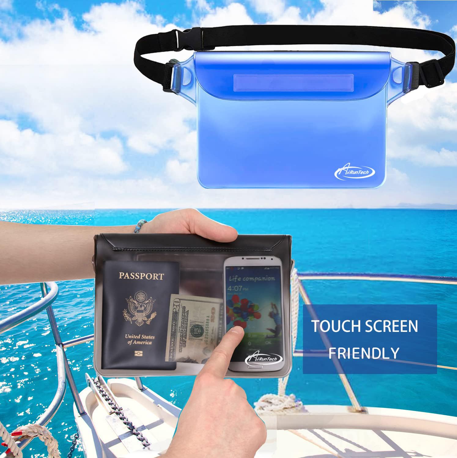 AiRunTech Waterproof Pouch with Waist Strap (2 Pack) - Secure Dry Bag for Phones & Valuables | Beach, Pool, Boating, Swimming, Snorkeling & Kayaking Essentials | Perfect for Outdoor Water Activities & Travel Protection