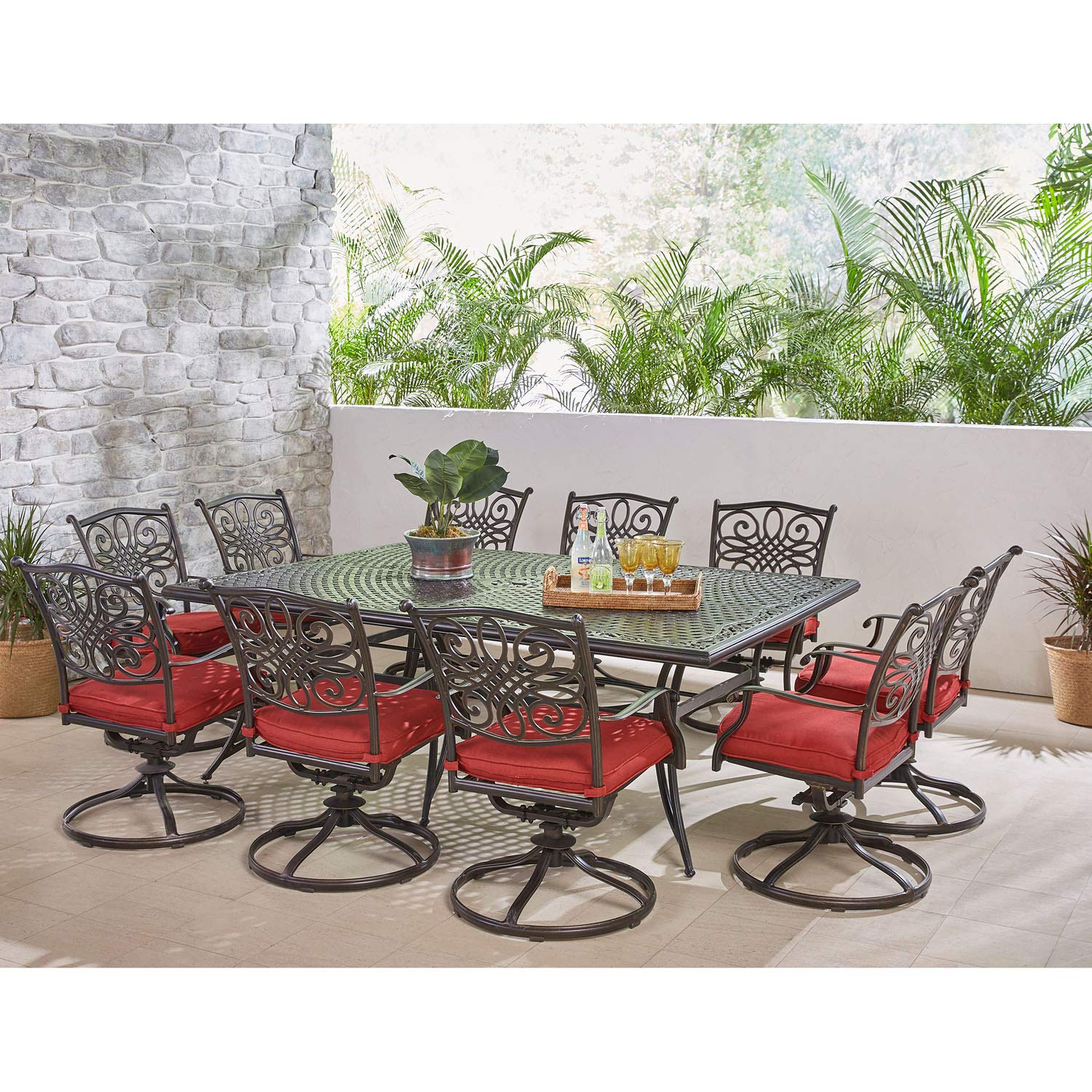 Hanover Traditions 11-Piece Modern Outdoor Dining Set - Rust-Resistant Cast Aluminum Rectangular Table & 10 Swivel Rocker Chairs with Weatherproof Red Cushions | Patio, Garden, Backyard Furniture for Entertaining
