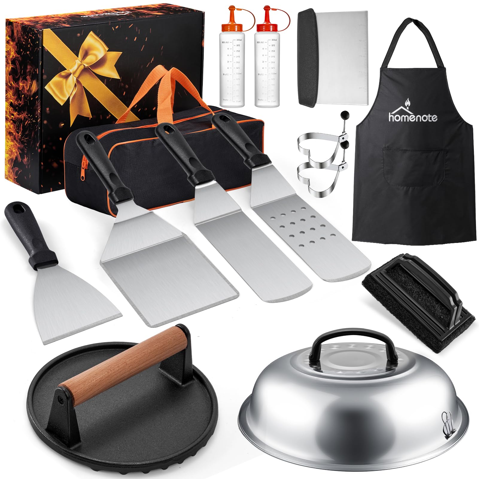 HOMENOTE Griddle Accessories Kit for Blackstone - Professional Round Melting Dome, Cast Iron Smash Burger Press, Burger Spatula & Griddle Scraper - Perfect for Outdoor Grilling, BBQ Parties & Backyard Cooking
