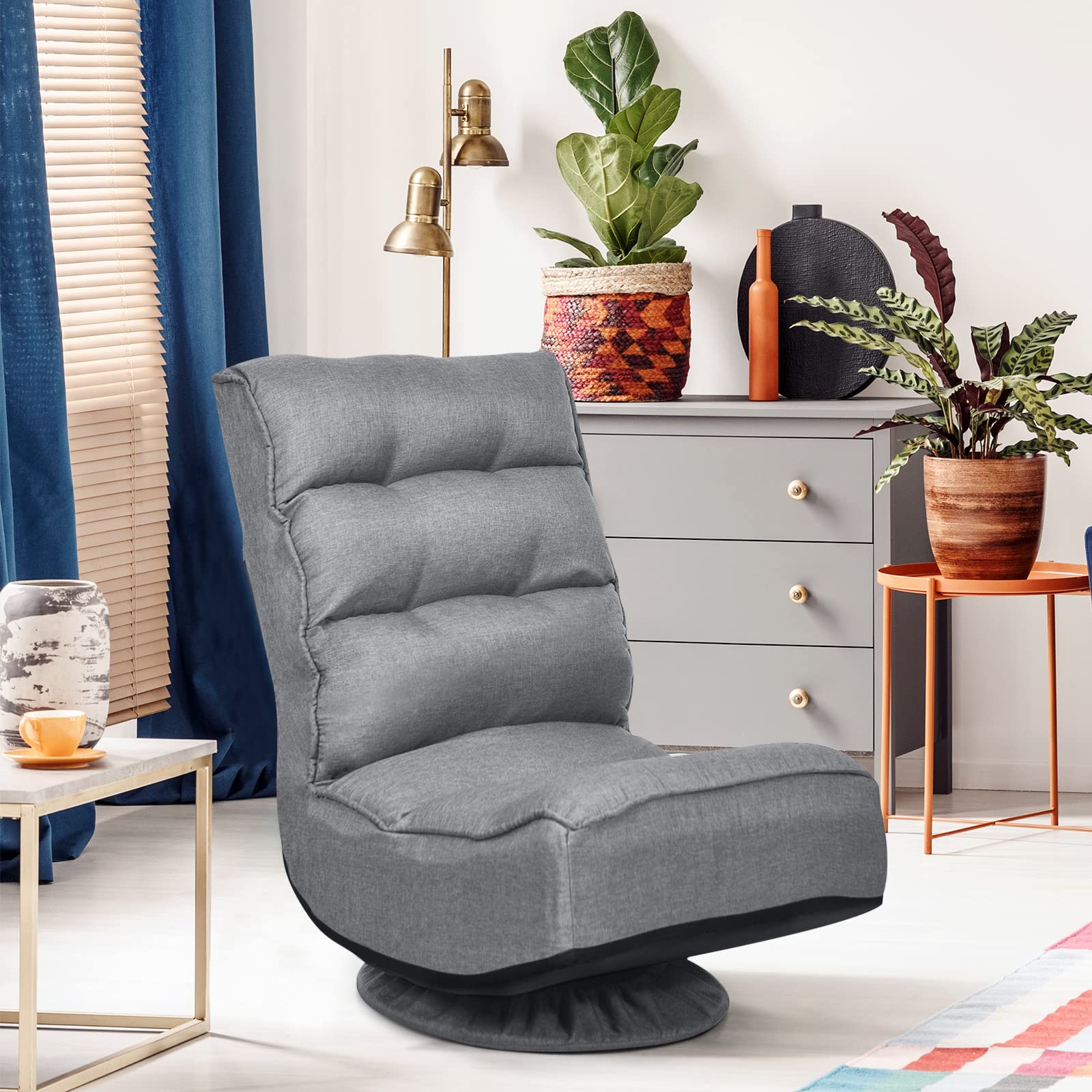 COSTWAY Adjustable 5-Position Folding Floor Chair with 360° Swivel - Ergonomic Gaming & Lounge Chair with Removable Cover & Padded Backrest - Perfect for Living Room, TV Watching, Reading & Video Games (Grey)