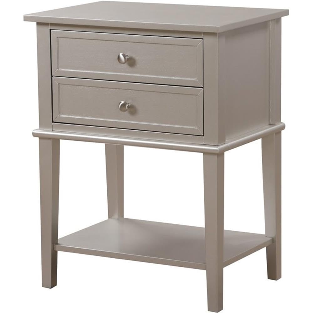 Pemberly Row Contemporary Solid Wood 2 Drawer Nightstand in Silver Champagne - Modern Bedside Table for Bedroom, Living Room & Guest Room
