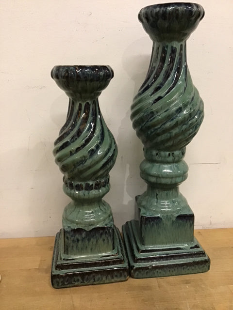 Elegant Green Swirl Ceramic Candle Holders Set of 2 - Boho Home Decor for Dining Table, Wedding Centerpiece, and Romantic Ambiance Lighting