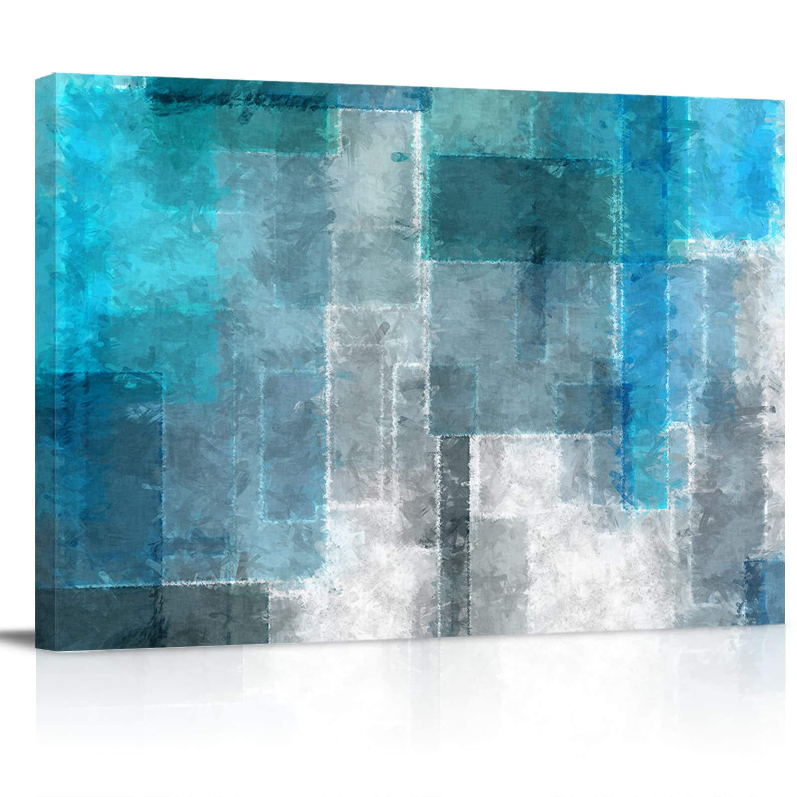Blue Abstract Oil Painting Canvas Wall Art - Framed Geometric Texture Illustration for Bathroom & Bedroom Decor - Stretched & Ready to Hang - Perfect for Modern Home, Office, or Gift