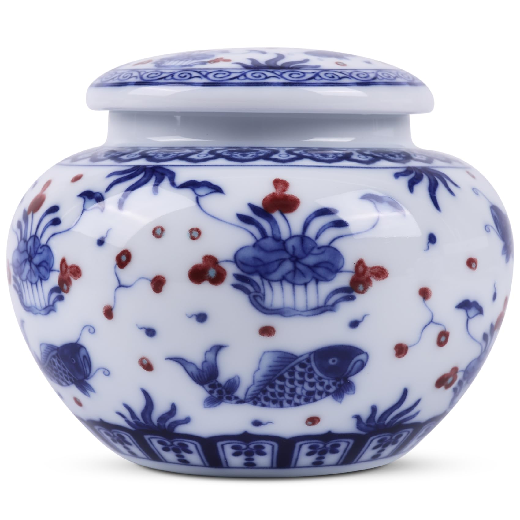 Blue and White Porcelain Chinoiserie Ginger Jar - Traditional Round Ceramic Storage Container with Airtight Lid for Home Decor, Kitchen Organization & Dining Table Centerpiece (Fish Design) - Perfect for Storing Tea, Spices or as Decorative Vase