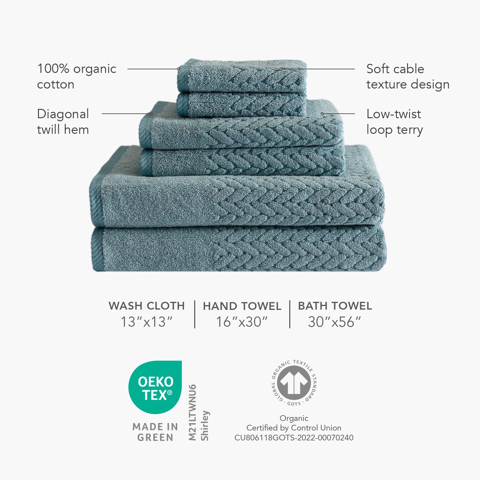 Texere 100% Organic Cotton Jacquard 650 GSM Premium Bath Towel Set - Ultra Absorbent Quick Dry Plush Towels for Spa & Luxury Bathroom (2 Large Towels, 2 Hand Towels, 2 Washcloths) - Cable & Birch 6-Piece Set