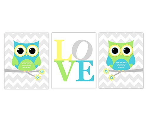 Baby Nursery Wall Art - 3 Unframed Owl Prints in Lime Green, Yellow, Blue, Turquoise & Gray - Gender Neutral Decor for Boys & Girls - Perfect for Nursery, Bedroom or Playroom Decorations