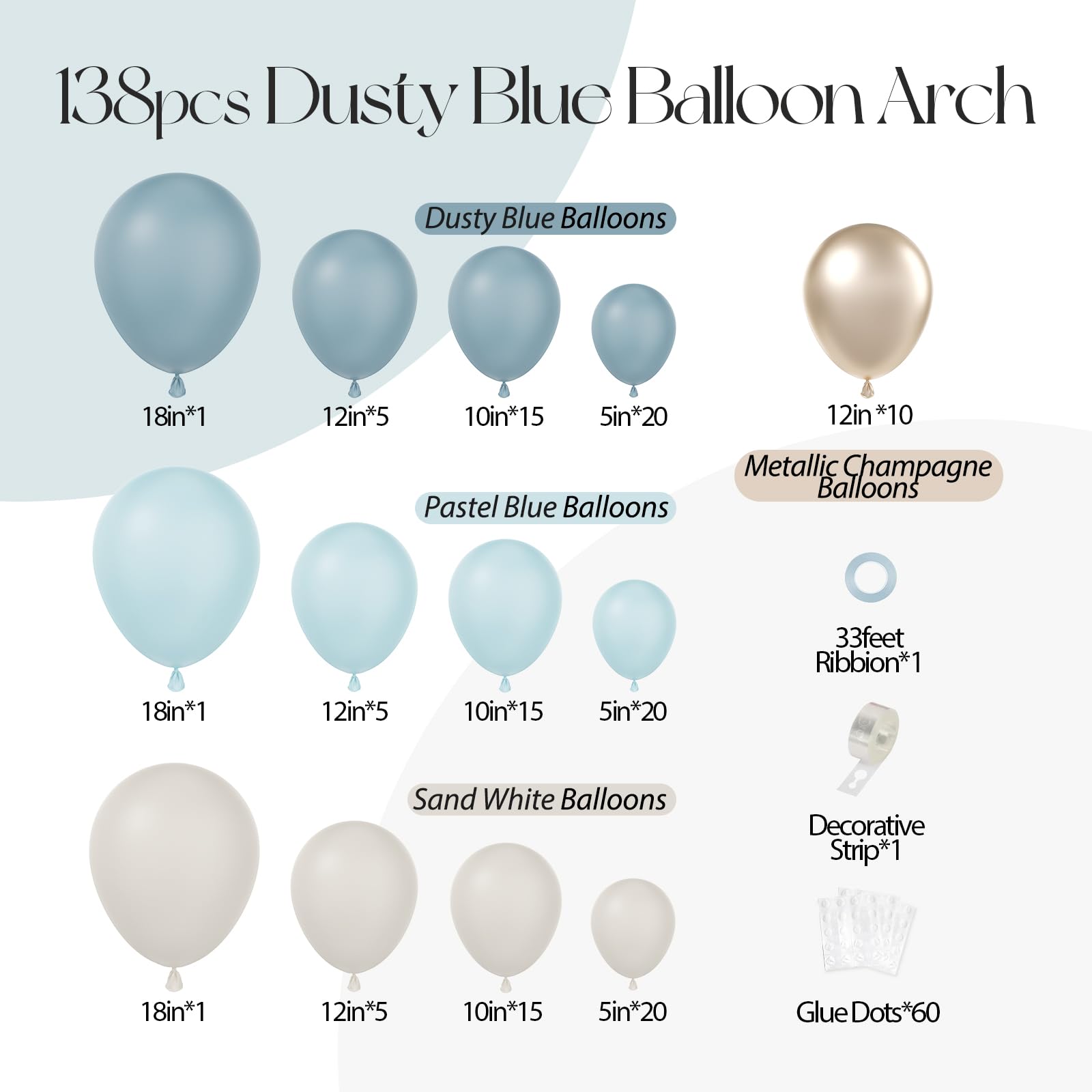 138Pcs Dusty Blue Balloons Arch Garland Kit - Baby Blue, Sand White & Metallic Gold Balloons for Bridal Shower, Gender Reveal, Birthday & Baby Shower Decorations - Perfect for Party Backdrops, Photo Booths & Wedding Centerpieces