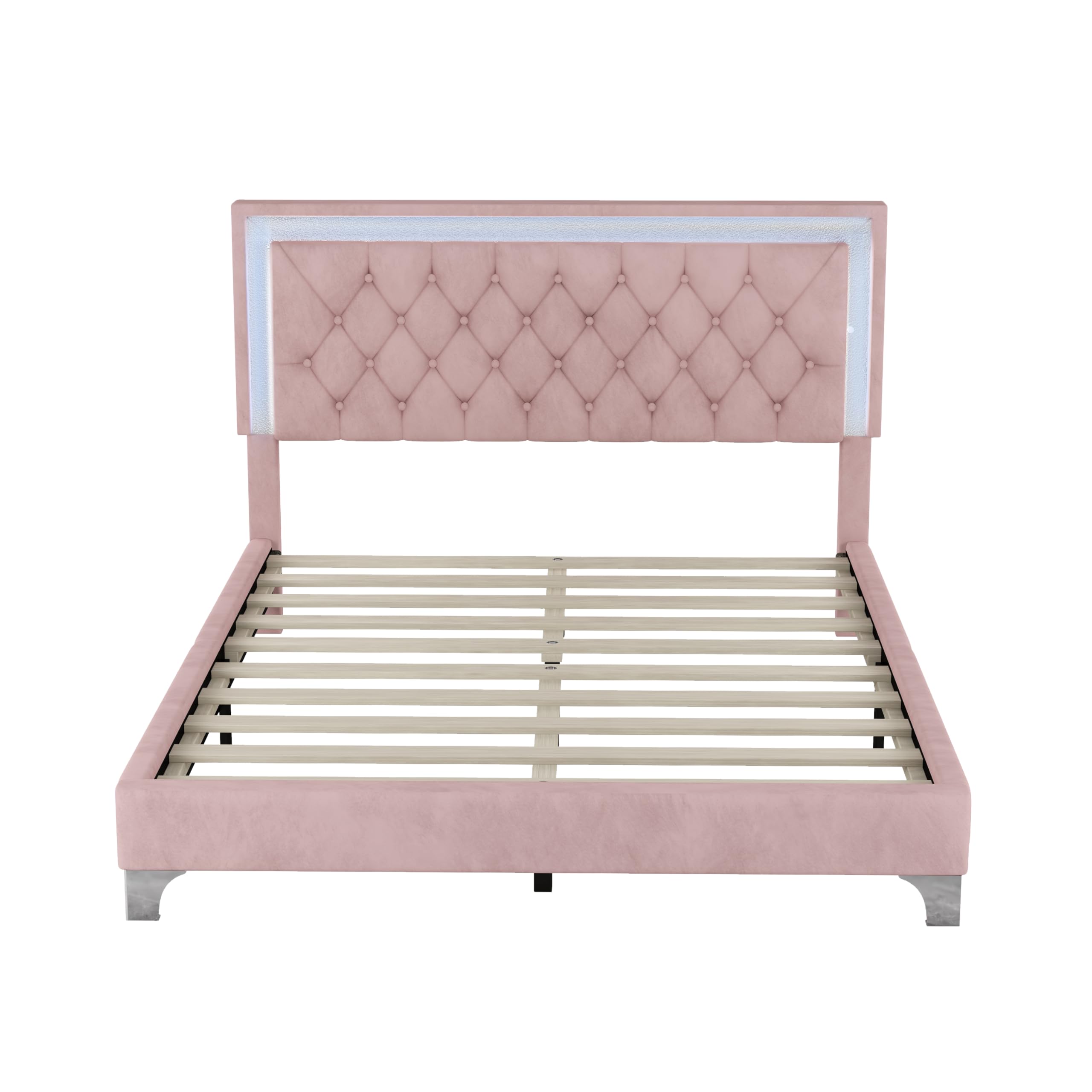 SOFTSEA 3-Piece Pink Velvet Queen Bedroom Set with LED Lights - Upholstered Platform Bed Frame with Headboard & 2 Nightstands, No Box Spring Needed | Modern Bedroom Decor for Master Bedroom, Guest Room or Apartment