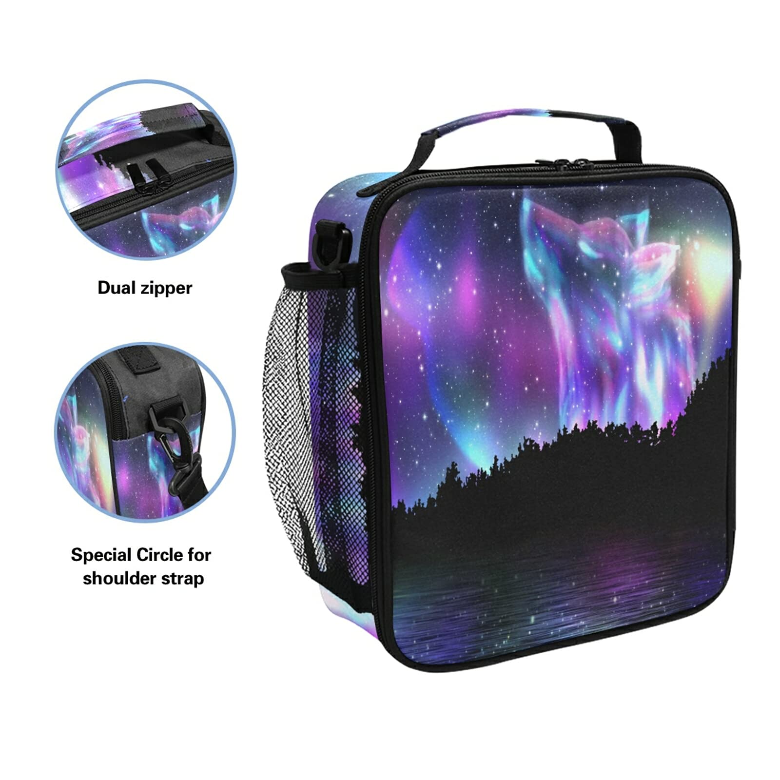**Insulated Lunch Bag with Adjustable Strap - Leakproof & Portable Cooler Tote for Work, School, Picnic - Fantasy Galaxy Wolf Design for Men, Women, Kids**    *(Perfect for Office, School, Travel, Camping & Outdoor Activities - Keeps Food Fresh & Cold/Hot for Hours)*