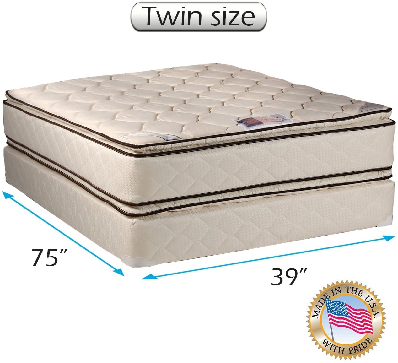 DS Solutions USA Coil Comfort PillowTop Eurotop Mattress Set with Mattress Cover Protector - Two-Sided Innerspring Coil, Fully Assembled Orthopedic Support, Durable Twin Size 39