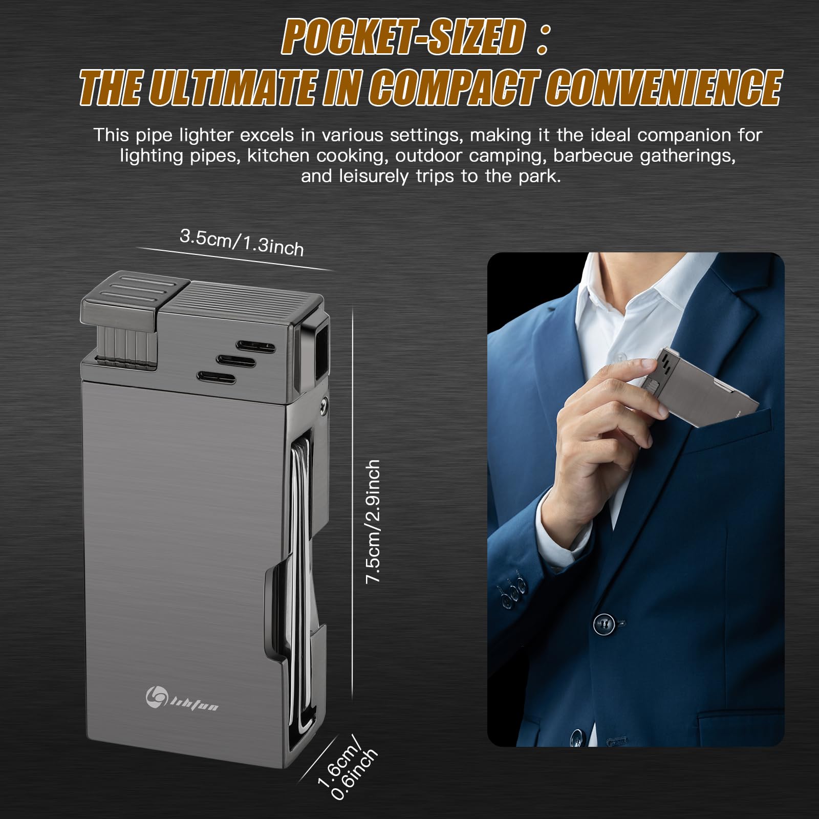 **Refillable Butane Pipe Lighter with Stand - 5-in-1 Soft Flame Lighter with Stainless Steel Pipe Tools & Cleaner - Portable for Indoor & Outdoor Use - Perfect Gift for Pipe Smokers**    *(Ideal for camping, travel, home use, and as a thoughtful gift for pipe enthusiasts.)*