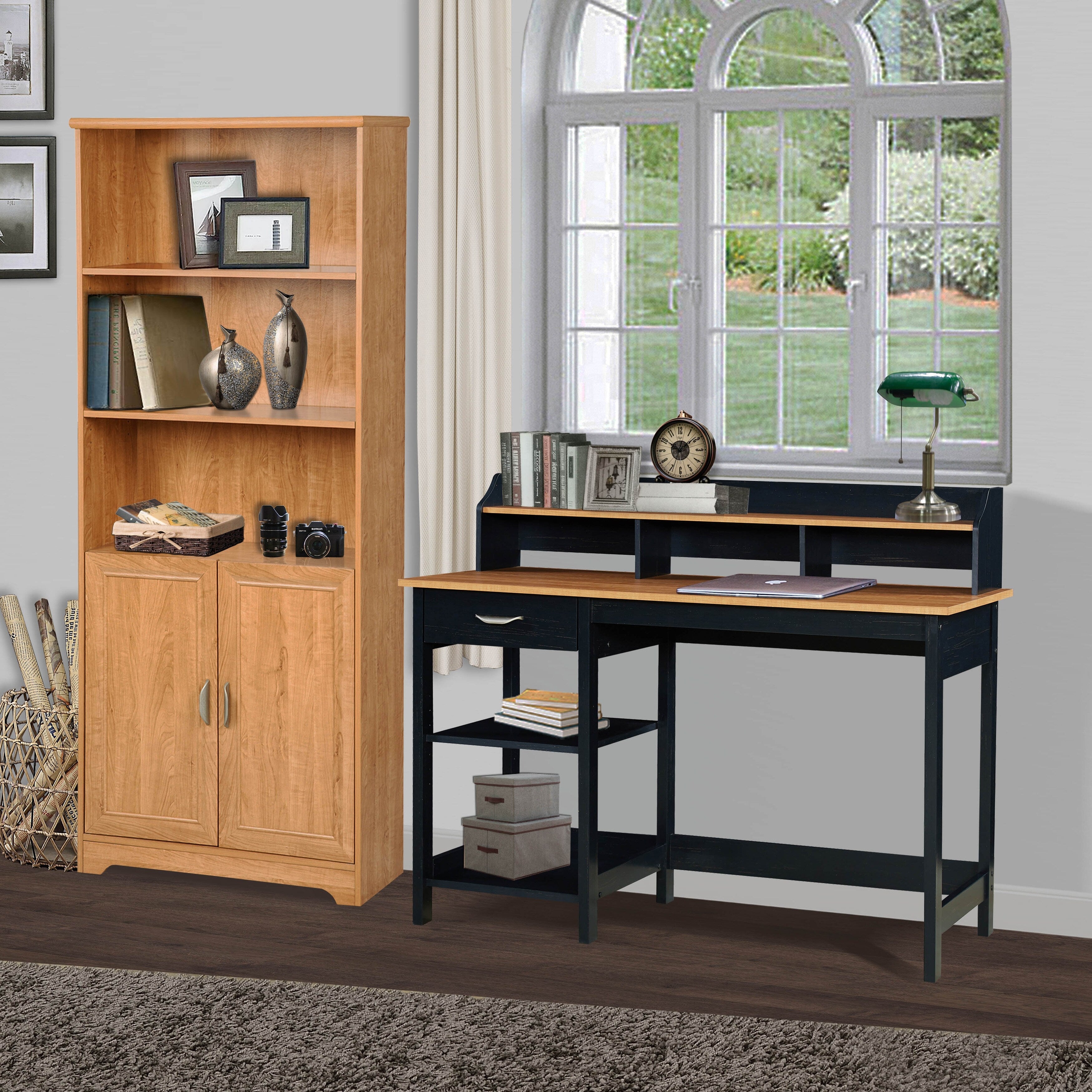 5-Shelf Bookcase with Doors - Honey Maple Wooden Bookcase with Adjustable Shelves, Modern Storage Unit with Metal Hardware - Perfect for Living Room, Office, or Library Organization
