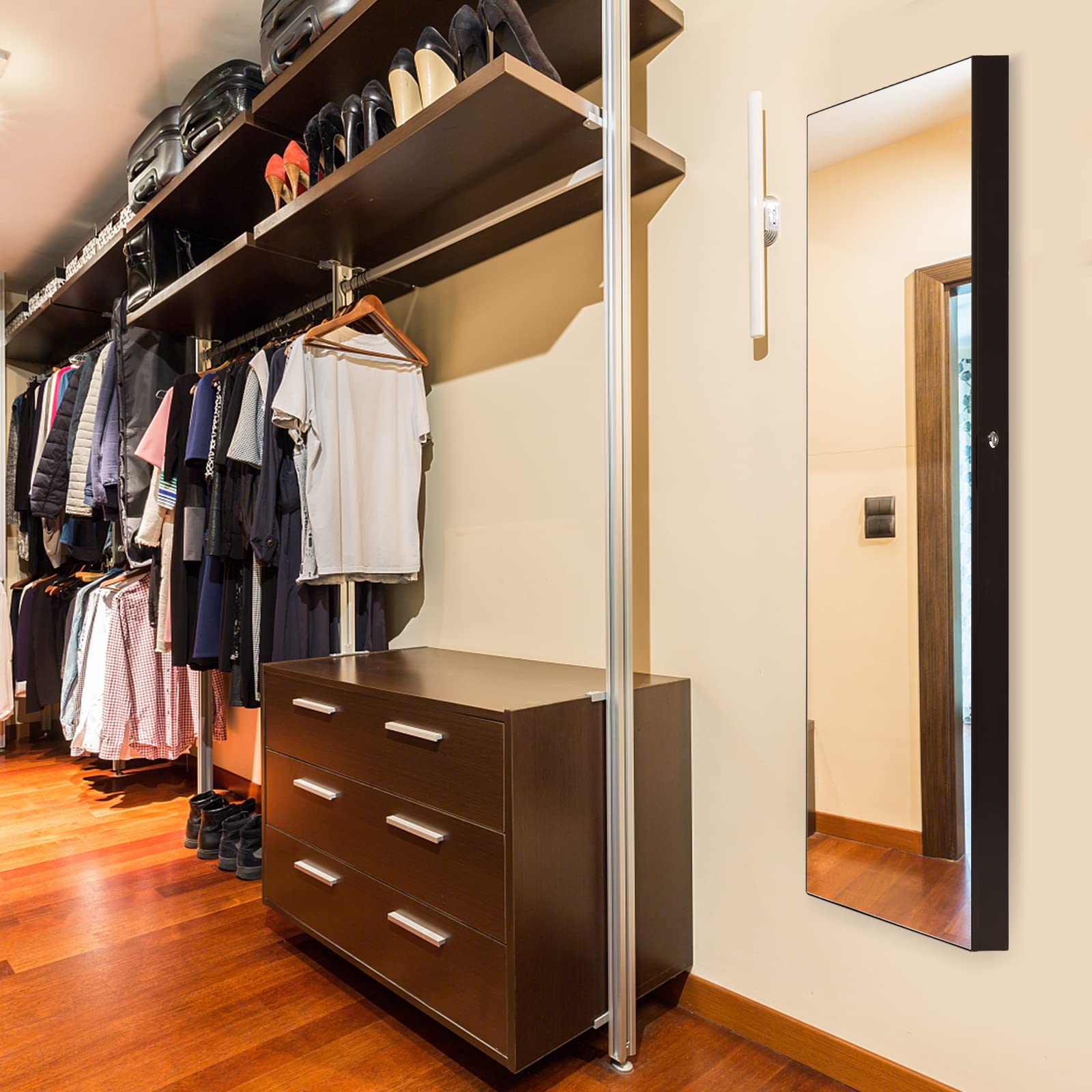 COSTWAY Hanging Jewelry Organizer with Full-Length Mirror & LED Lights - Wall Mount Jewelry Cabinet with Lock, Large Storage for Necklaces, Rings, Earrings - Perfect for Bedroom, Closet & Dressing Room (Brown)