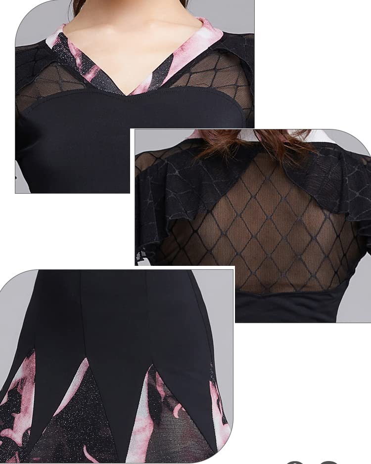Elegant Ballroom Dance Dresses for Women - Medium Sleeve Tango Foxtrot Waltz Performance Outfit with V-Neck & Flowy Skirt | Perfect for Competition, Showcase & Social Dancing Events