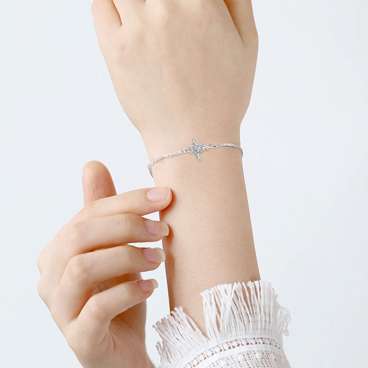 CUOKA MIRACLE Cross Rose Charm Bracelet - S925 Sterling Silver Rose Flower Crucifix Bracelet for Women & Teens - Elegant Religious Jewelry Gift for Easter, Baptism & Church Occasions