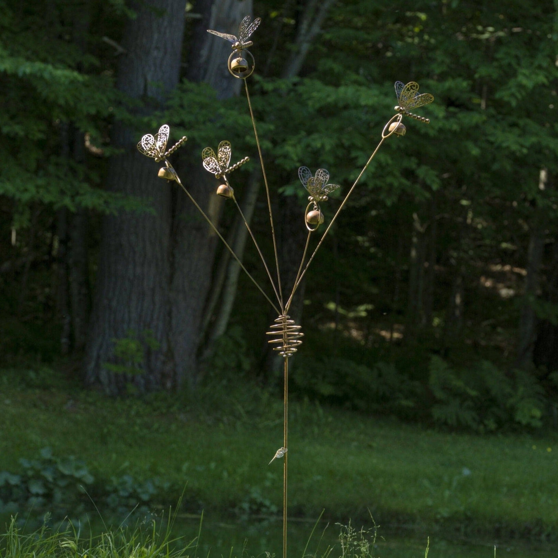 Dragonflies and Bells Metal Garden Stake - Outdoor Decorative Yard Art for Flower Beds, Lawn, and Patio Decor