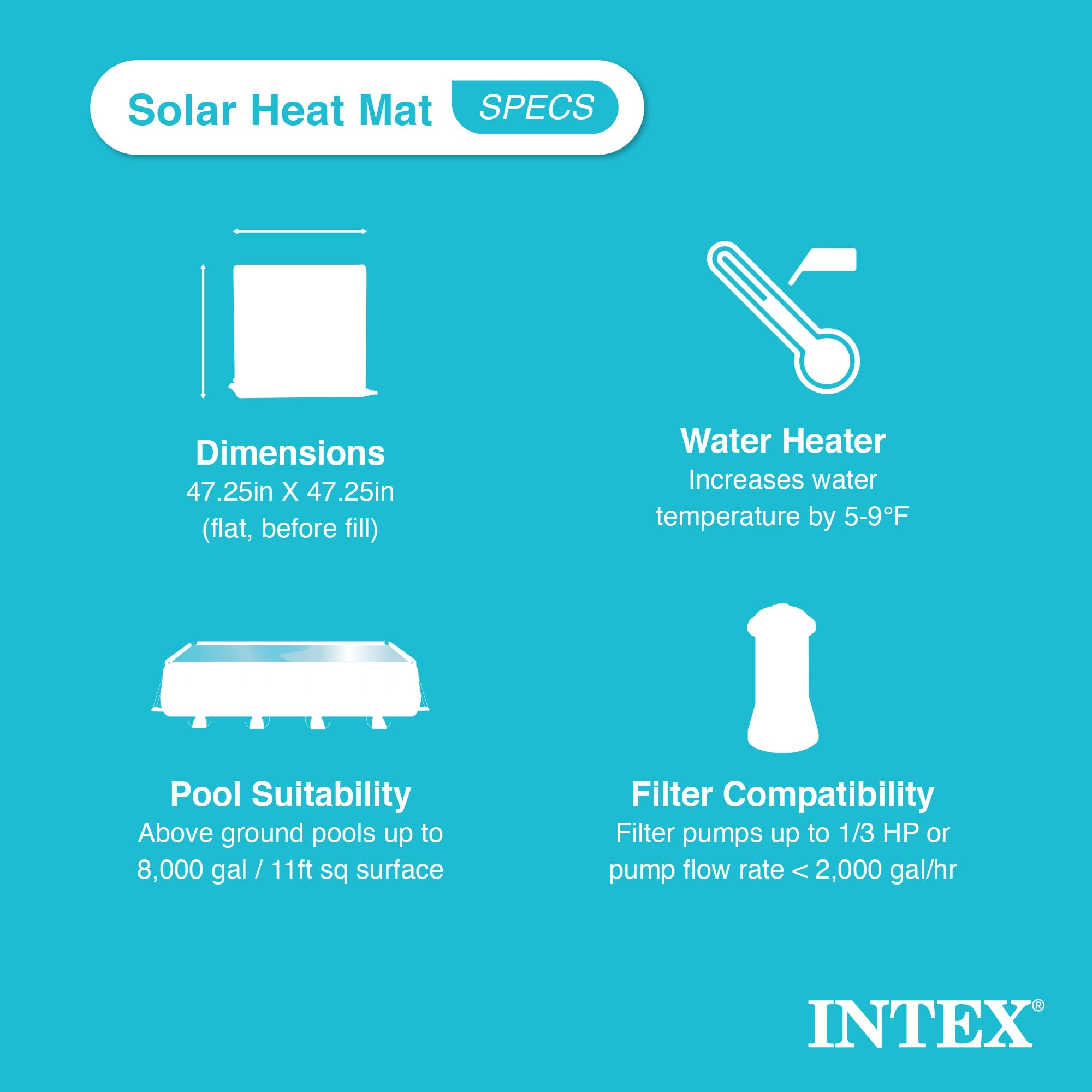 Intex 47x47 Inch Solar Pool Heater Mat - 2 Pack for 8,000 Gallon Above Ground Pools with Hose Attachment & Bypass Valve - Energy Efficient Heating Solution for Summer Backyard Swimming