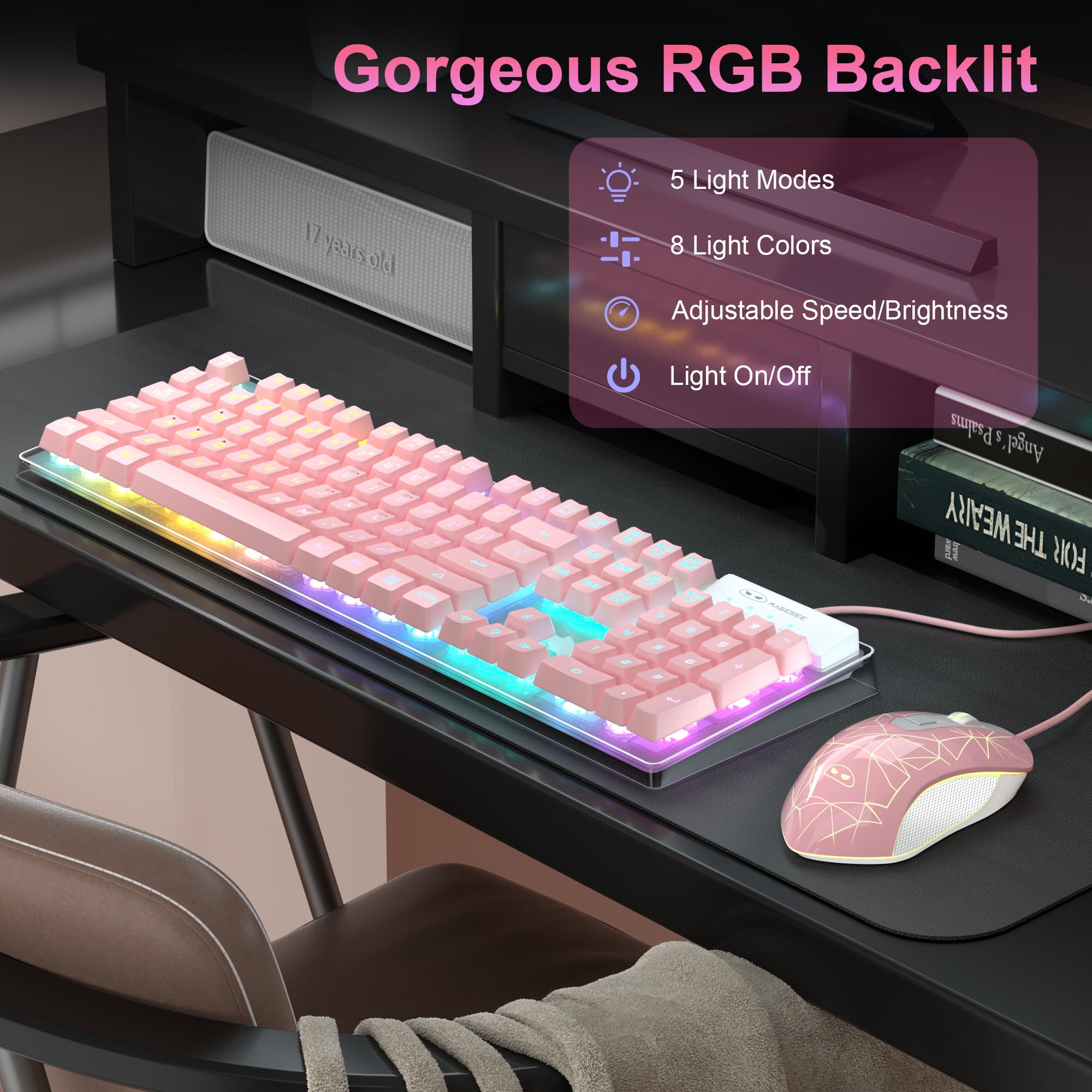 MageGee K1 RGB LED Backlit Gaming Keyboard and Mouse Combo with Transparent Cover - 104 Keys Mechanical Feel Keyboard for PC, Laptop, PS4, Xbox - Perfect for Gaming, Office Work & Streaming (Pink)