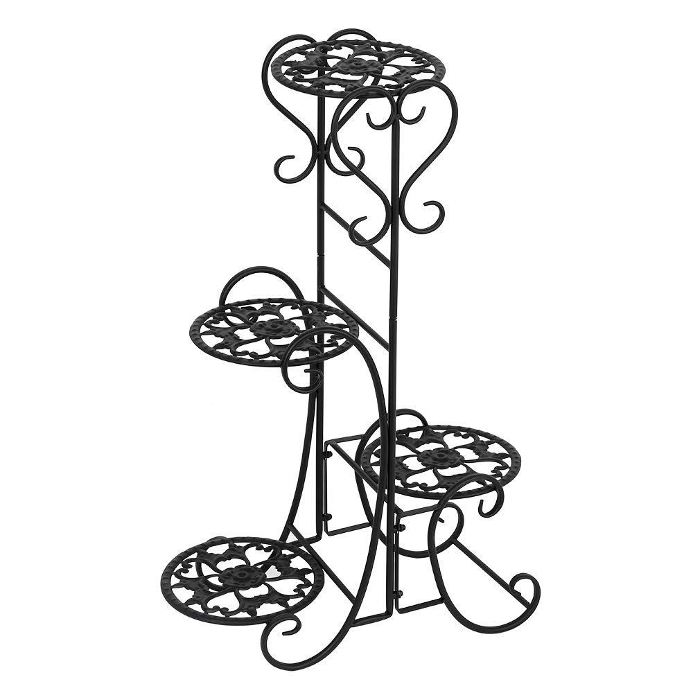 4-Tier Black Metal Plant Stand - Round Flower Pot Holder for Indoor/Outdoor Garden Display - Sturdy Iron Rack for Potted Plants, Succulents & Home Decor