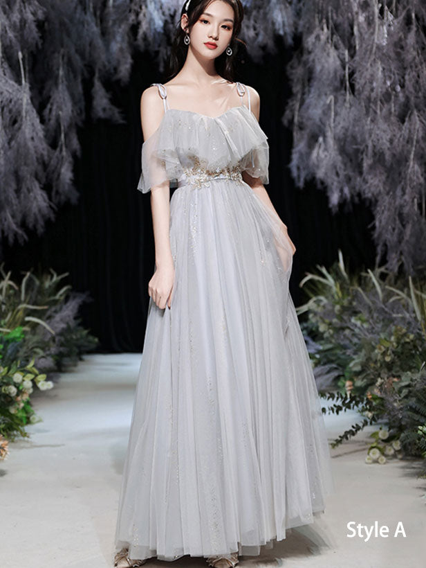 Elegant Gray A-Line Bridesmaid Dress with Shimmery Tulle for Weddings & Evening Events | Formal Party Gown for Bridal Party & Special Occasions