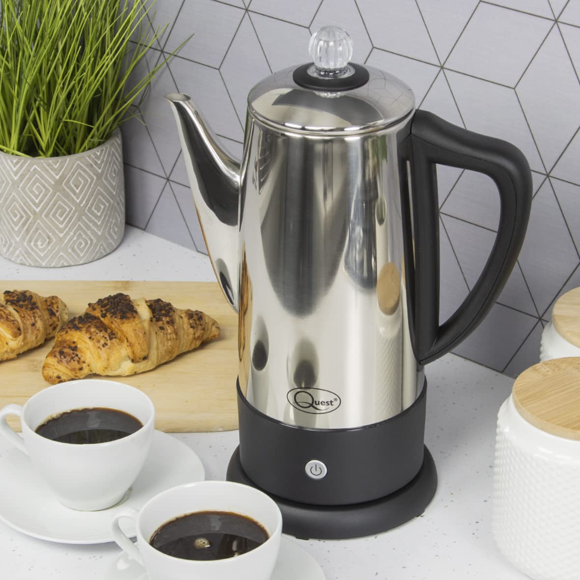 Quest 35200 Electric Coffee Percolator - 1.8L Stainless Steel Filter Coffee Maker with 30-45 Min Keep Warm, Removable Filter, 12-Cup Capacity (1100W) - Perfect for Home, Office & Camping Use