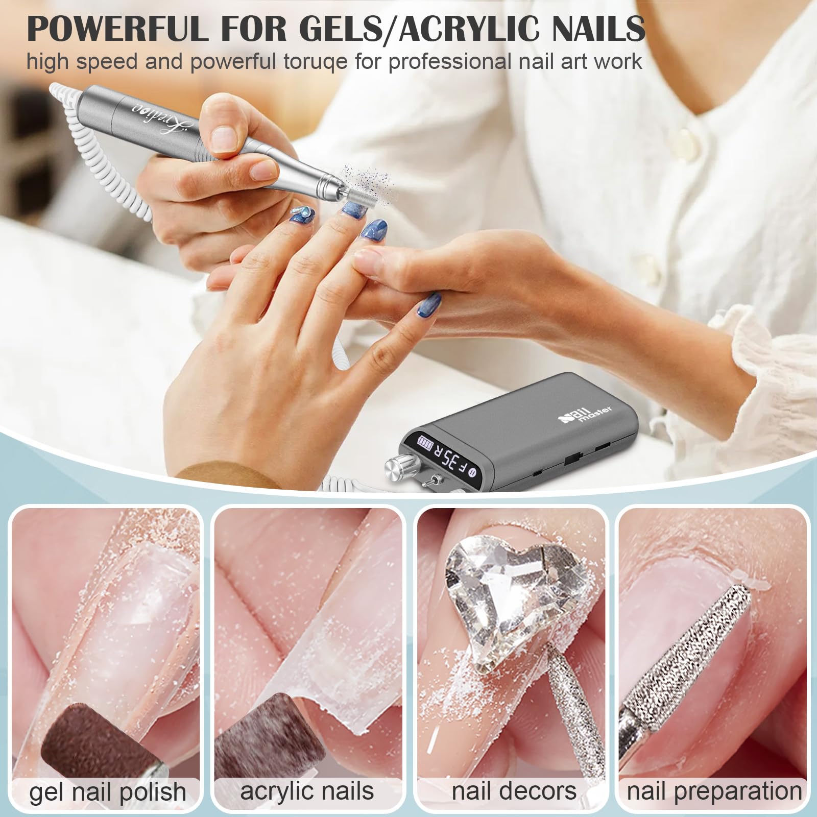 Professional Nail Drill Machine 35000RPM - Rechargeable Electric Nail File with 10 Bits Set for Acrylic & Gel Nails - Salon Quality Manicure Tool for Home & Professional Use - Quickly Remove Gel Polish - Portable & Grey Design - Perfect for DIY Nail Art & Salon Services