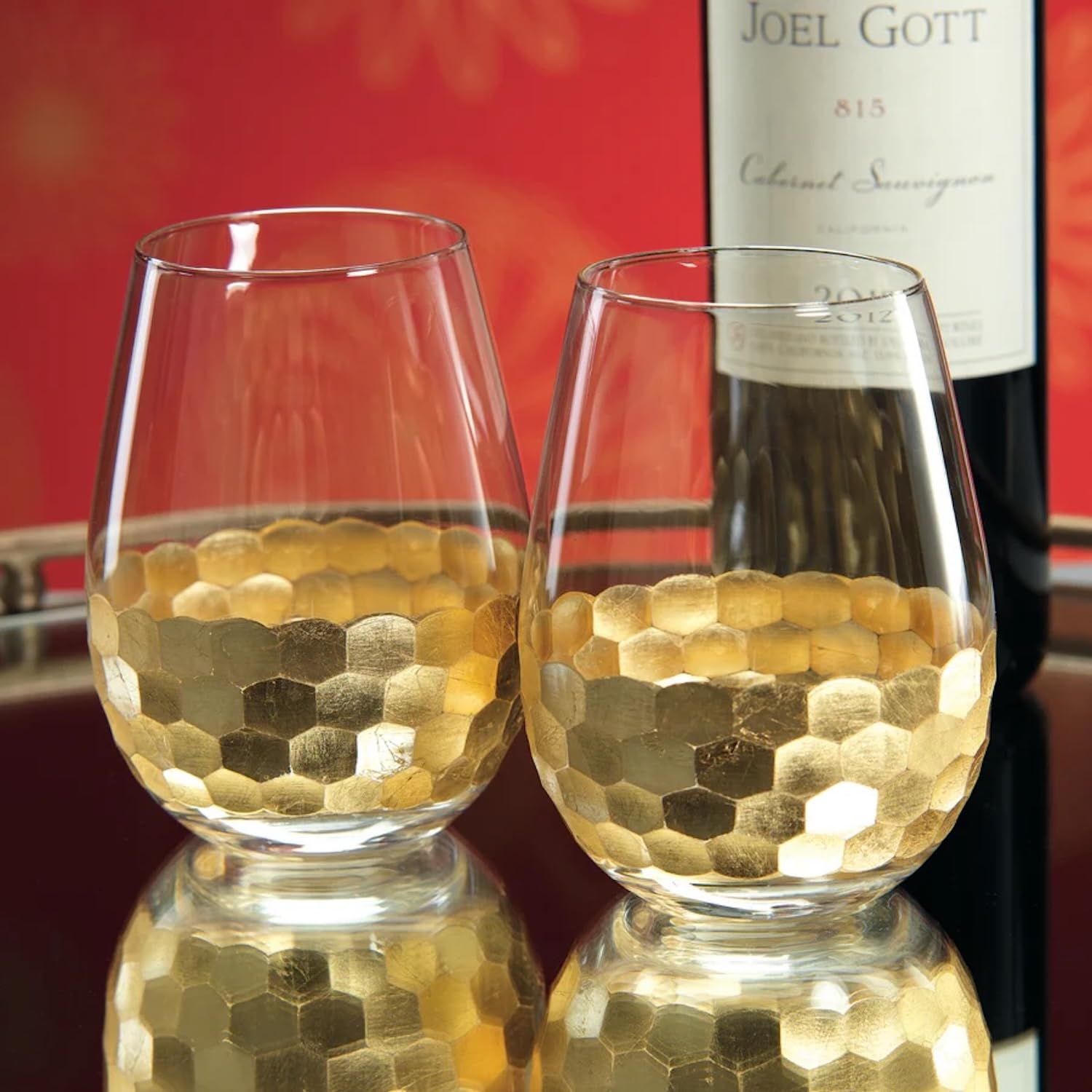 Premium Zodax Fez Cut Stemless Glasses with 24K Gold Leaf Accents - Set of 6 Elegant Wine or Cocktail Glasses for Parties, Weddings & Home Entertaining