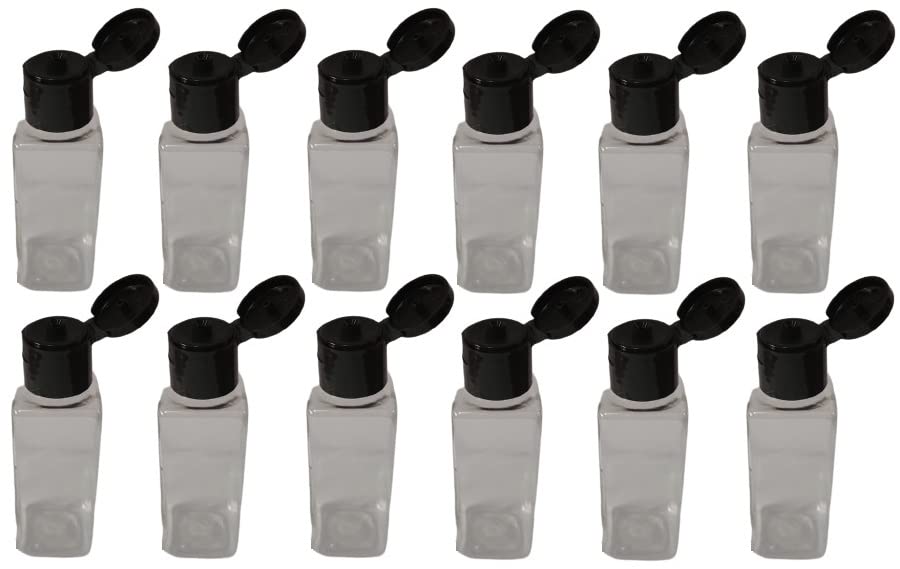50ml PET Clear Square Plastic Bottles with Black Flip Top Cap - Leak Proof Cosmetic & Travel Containers (Pack of 12) | Ideal for DIY Beauty Products, Essential Oils, Travel Toiletries & Liquid Storage