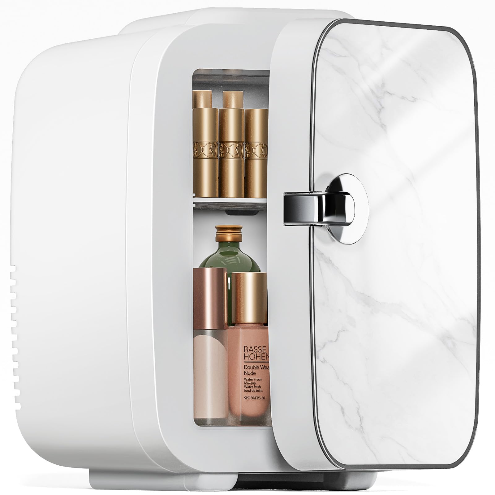 Sweetcrispy Mini Portable 4L/6 Can Compact Refrigerator - Cooler & Warmer for Skincare, Drinks, Cosmetics | Marble Ivory Design | Perfect for Bedroom, Office, Dorm & Travel