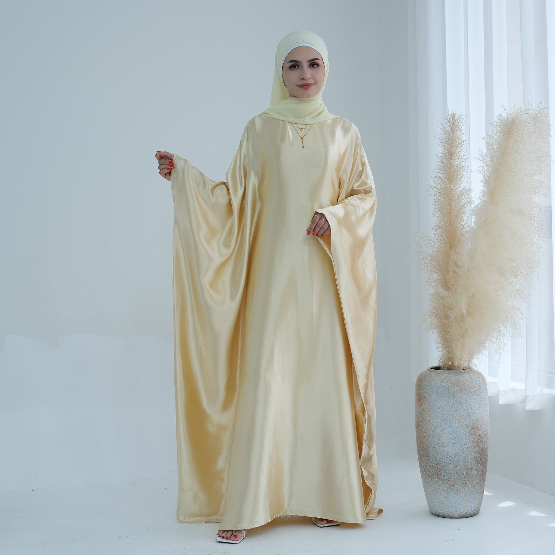 Elegant Alisha Butterfly Satin Abaya Dress - Yellow Gold Islamic Prayer Gown for Women | Perfect for Eid, Ramadan, Wedding & Special Occasions