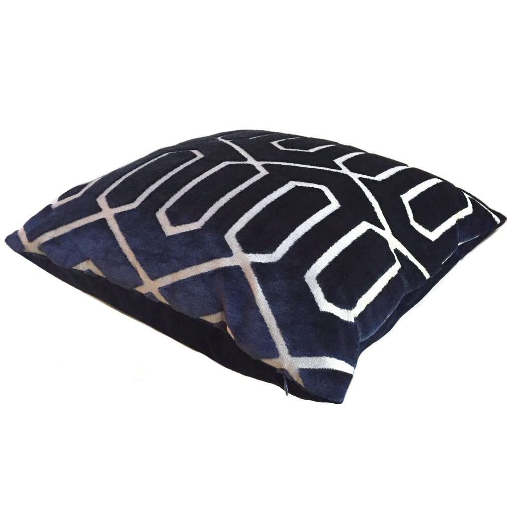 Robert Allen Bengal Lattice Geometric Midnight Navy Blue Italian Cut Velvet Pillow Cover - Luxury Home Decor for Sofa, Bed & Living Room