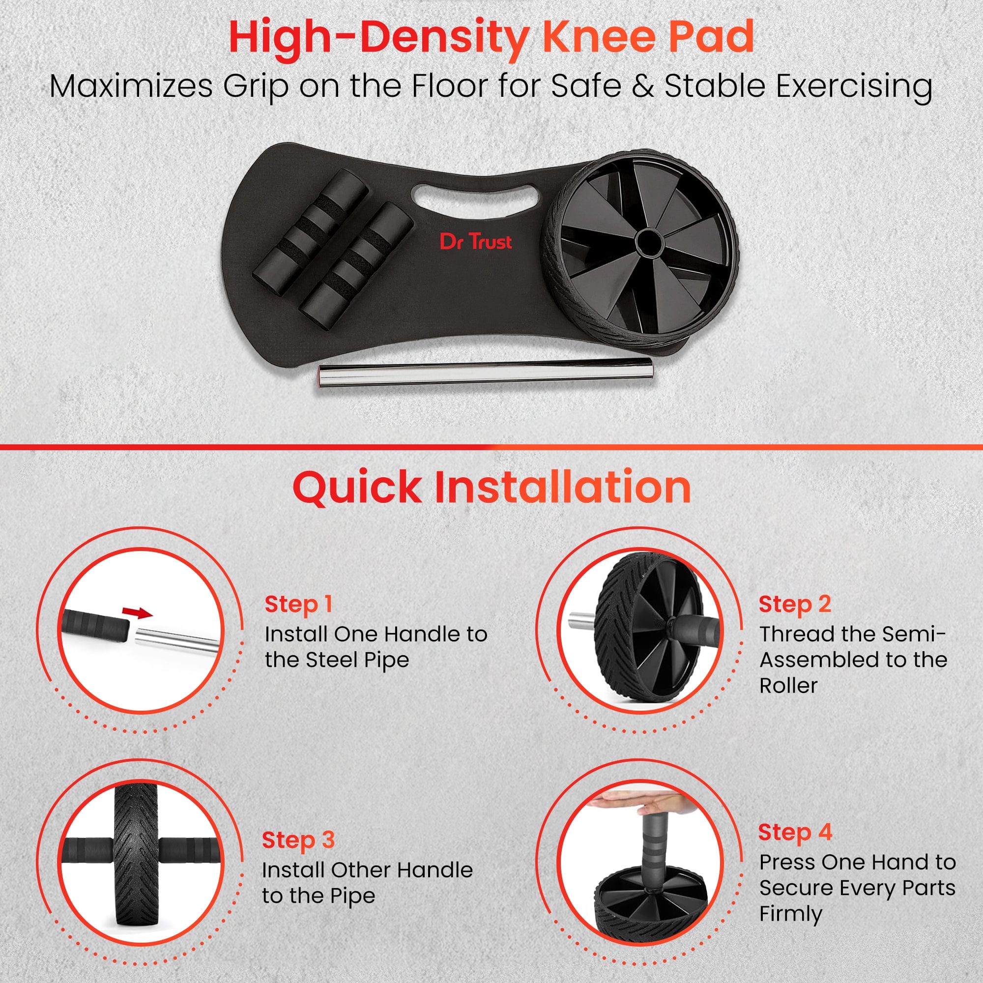 Dr Trust USA Ab Wheel Roller with Knee Pad - Professional Core Exercise Equipment for Men & Women - Full Body Workout for Abs, Arms, Back & Shoulder Strength Training - Perfect for Home Gym & Fitness Enthusiasts (Black)