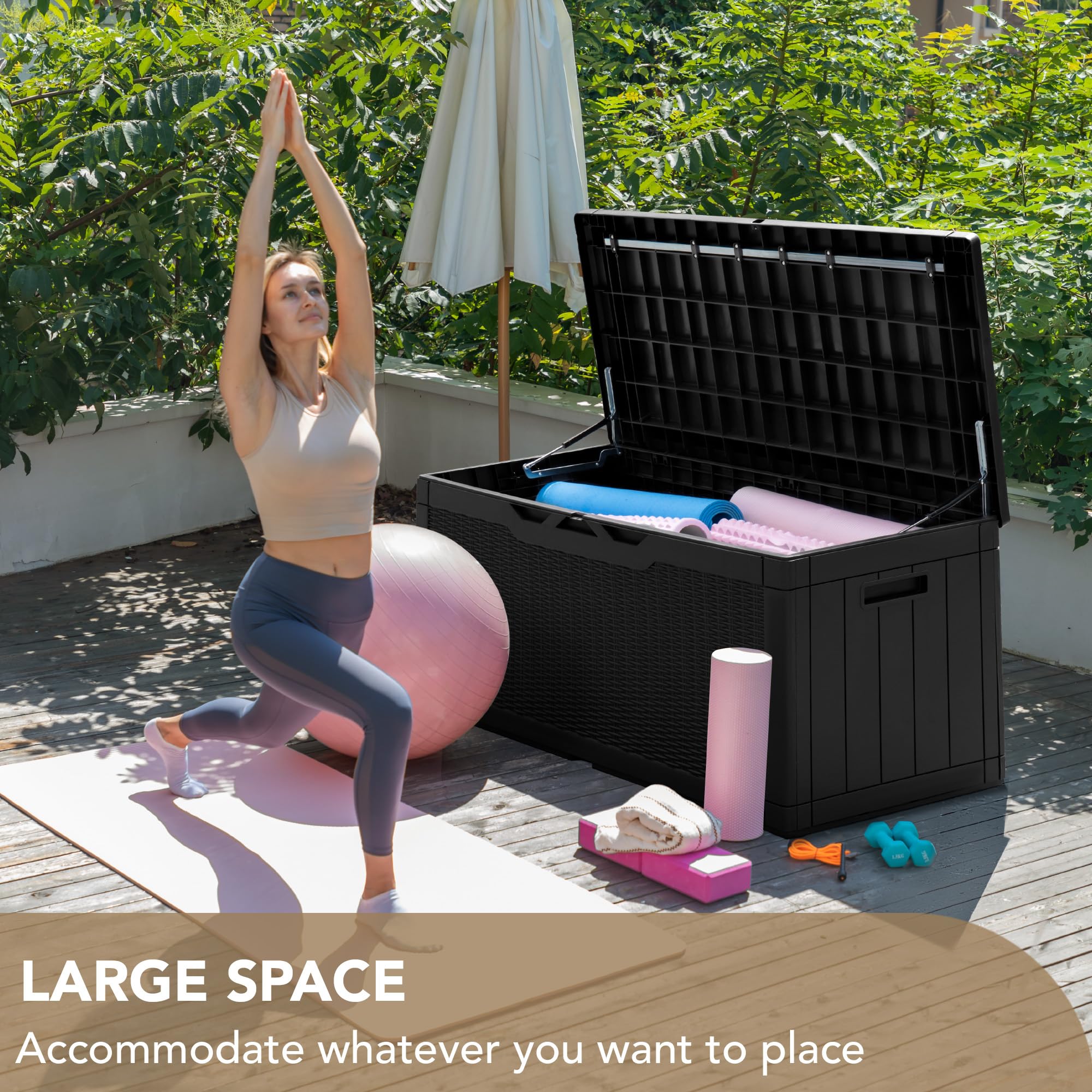 Devoko 100 Gallon Waterproof Outdoor Deck Storage Box with Cushion - Large Patio Furniture Organizer for Cushions, Pool Toys & Garden Tools (Black) - Perfect for Backyard, Poolside & Deck Storage