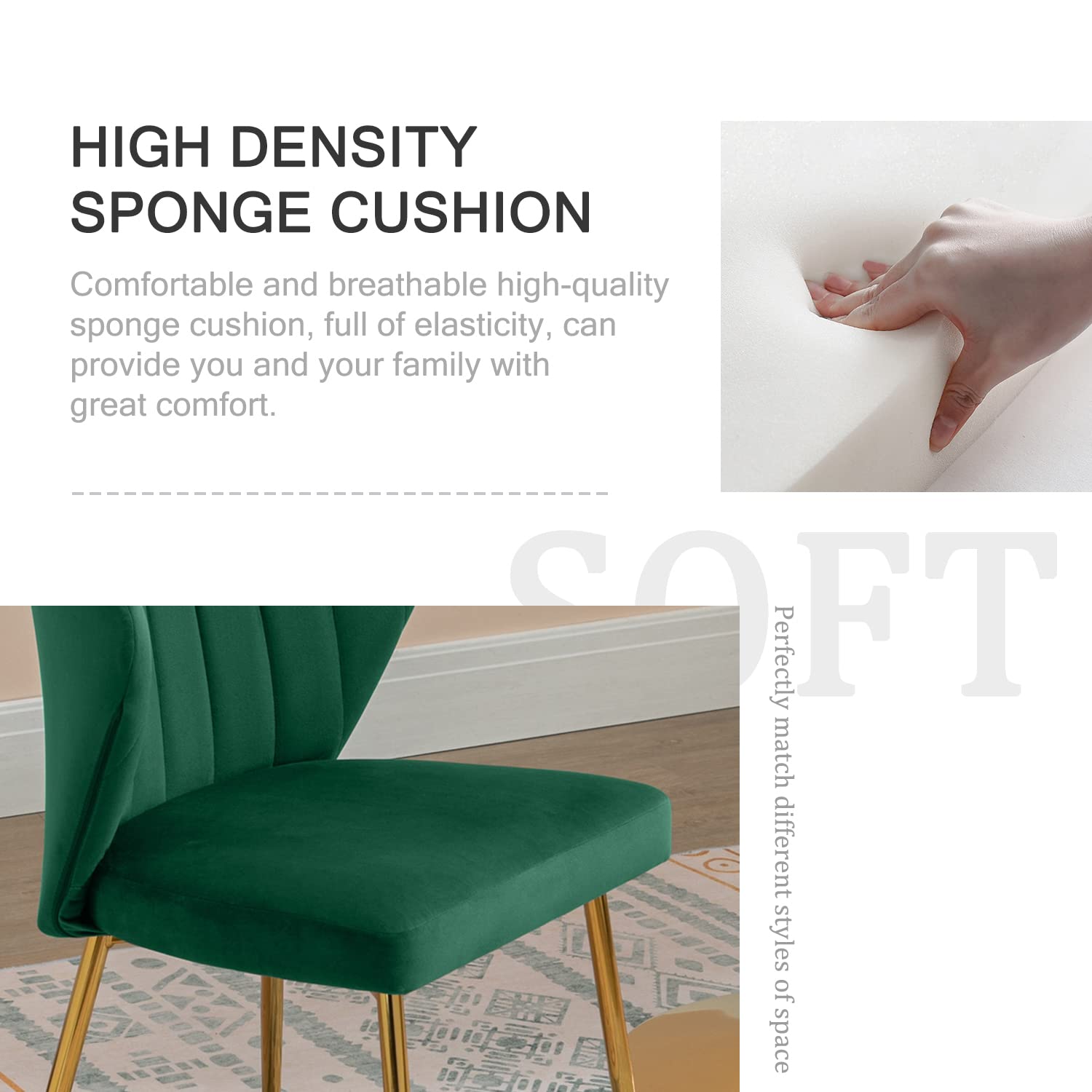 Luxury Velvet Dining Chairs Set of 4 - Tufted Upholstered Mid Century Modern Chairs with Golden Metal Legs for Dining Room, Kitchen, Living Room - Elegant Green Accent Seating for Home Decor & Entertaining