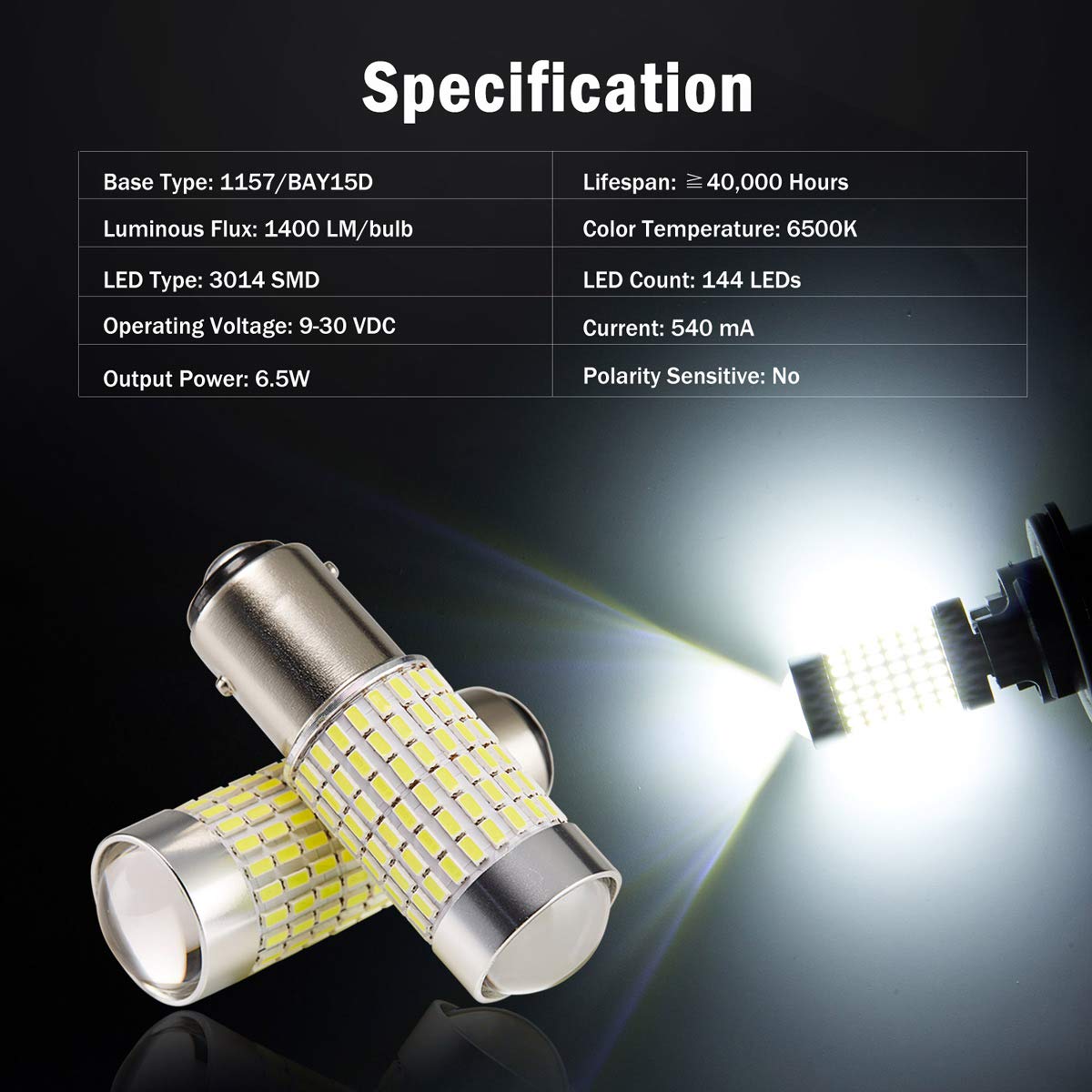 1400 Lumens Super Bright 144-SMD LED Bulbs 1157 2057 2357 7528 1157A - 9-30V Projector Light for Backup Reverse, Parking, Tail Brake Lights - Xenon White 6500K (2 Pack) - Perfect for Trucks, SUVs, Cars & Motorcycles