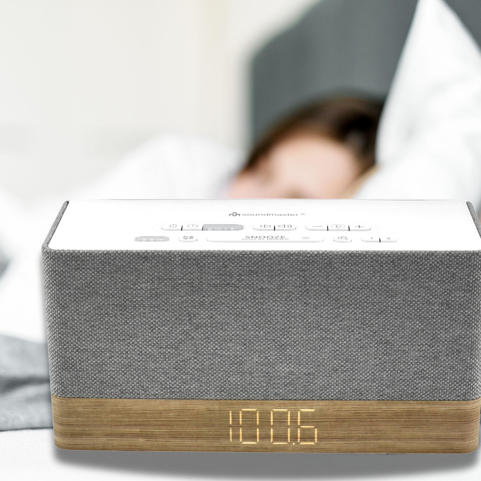 Soundmaster UR630WE Bluetooth Clock Radio with FM, AUX Input & Wake Up Alarm - Grey & Brown - Perfect for Bedroom, Office, and Travel Use