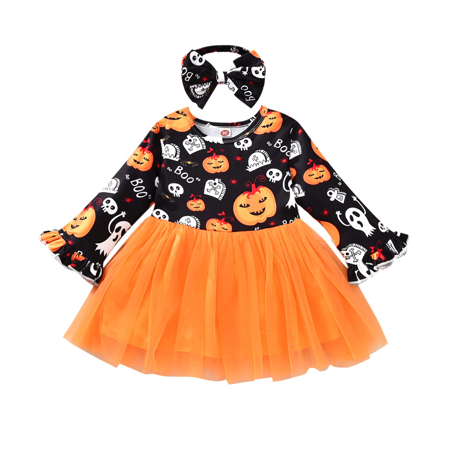 **Halloween Baby Girl Dress Set - Long Sleeve Tulle Tutu with Ghost Print & Headband - Cute Toddler Costume for Trick-or-Treating & Photo Shoots**