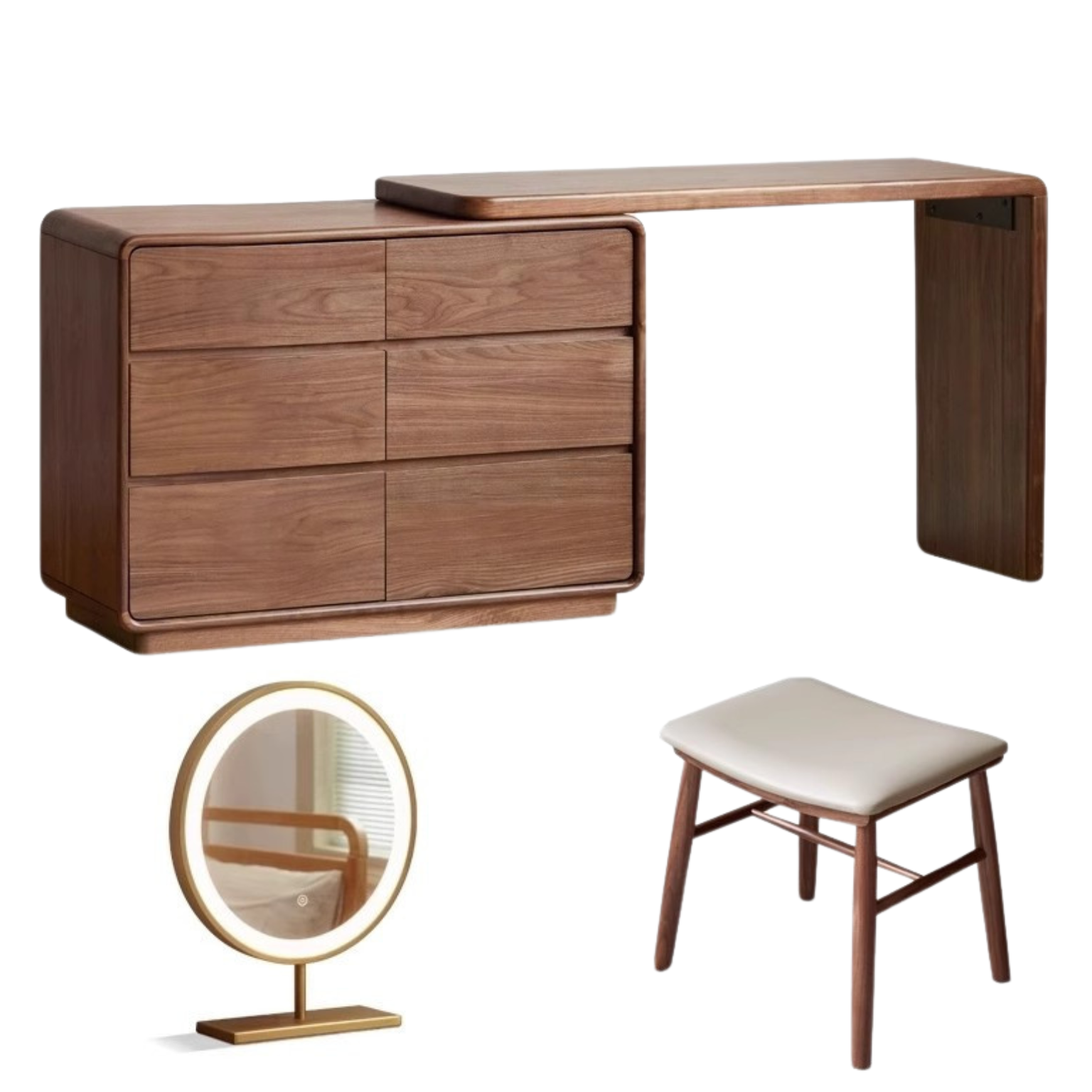 47.6x15.8x28 inch / 121x40x71 сm / Rich Dark Walnut color / Makeup table L-shaped board  + Six-drawer chest + Makeup mirror